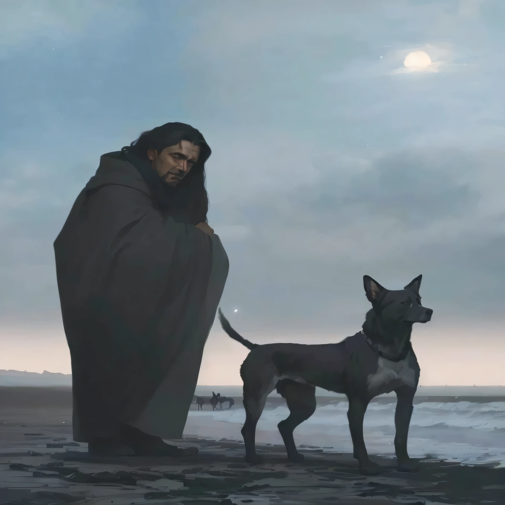 painting of a man with a Perro standing on a beach, Perro as a god, inspired by Félix BóPerro Widder, por Bridget Bate Tichenor, Simon Stellenhag. arte digital, hecate, android jones and rhads, by Félix BóPerro Widder, sujeto: Perro, Simon Stellenhag, Arte de Brom