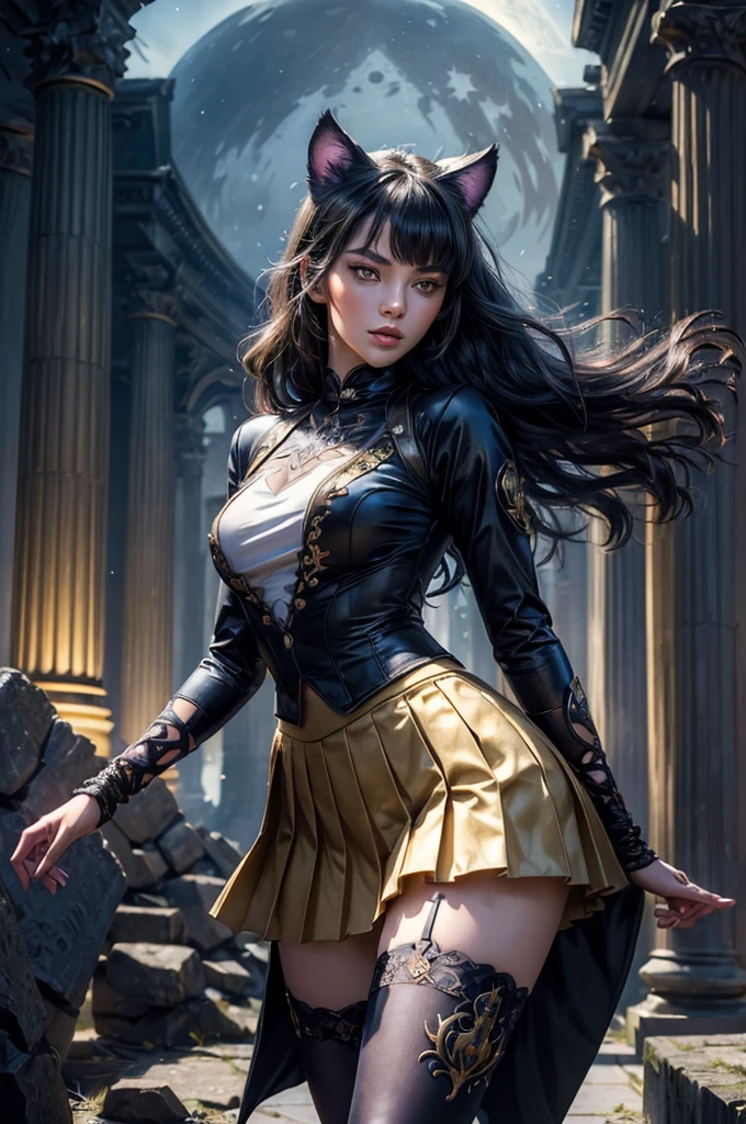 (masterpiece,stunning girlfriend, (standing:1.1), dynamic pose, heart shaped face, elegant face, beautiful face, highly detailed face, highly detailed skin, skin pores, subsurface scattering, realistic pupils, looking at viewer, full lips, detailed background, depth of field, atmospheric perspective, volumetric lighting, sharp focus, absurdres, realistic proportions, good anatomy, (realistic, hyperrealistic:1.4), 16k hdr, (masterpiece, best quality), intricate details, 1girl, blake_belladonna, gmuniform, pleated skirt, blue thighhighs, black and gold uniform, standing outside, night, stars, moonlight, gothic temple, pillars, ruins, river