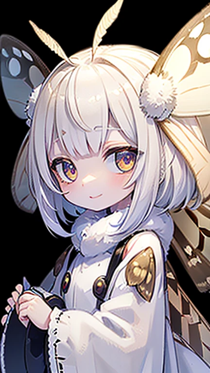 solo,1woman\(cute,kawaii,small kid,skin color white,short white hair,(big moth wing on head:1.7),white dress\(beautiful race\),moth antennae,smile,\),background\(dappled sunlight,beautiful forest,dark,[moth wing on back:2.0],[moth wing on body],[extra arm]\), BREAK ,quality\(8k,wallpaper of extremely detailed CG unit, ​masterpiece,hight resolution,top-quality,top-quality real texture skin,hyper realisitic,increase the resolution,RAW photos,best qualtiy,highly detailed,the wallpaper,cinematic lighting,ray trace,golden ratio,\)