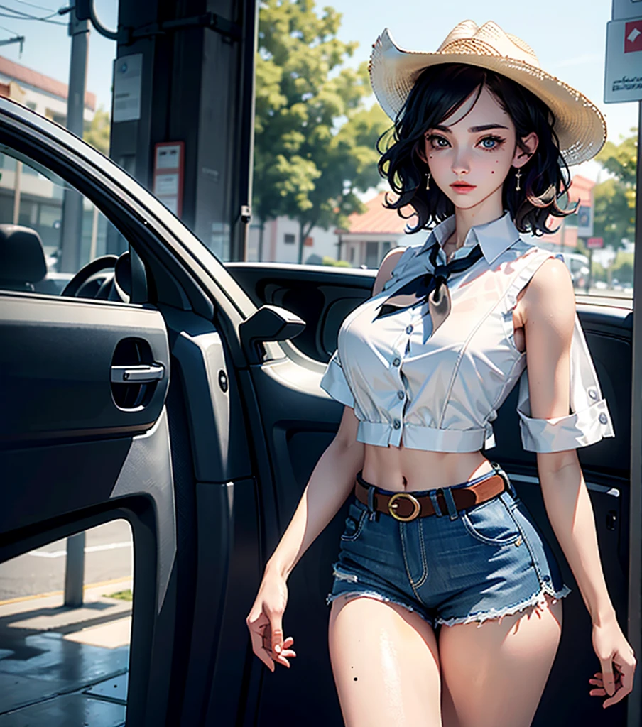 absurdres, RAW photo, extremely delicate and beautiful, masterpiece, Best Quality, ultra high resolution, 32k, hyperrealistic, ultra-detailed, perfect anatomy, anatomically correct, perfect figure, super Detailed skin, pale skin, 20 years old, very Slim body, narrow waist, very small head, very small face, delicate facial features, detailed face, detailed eyes, tearful mole, earring, thin legs, bare legs, ((very huge round breasts)), short medium hair, ((wavy hair)), wet clothes, collared white shirt, ((cowgirl)), vest, cowboy hat, fingerless gloves, navel, neckerchief, shorts, gun belt,