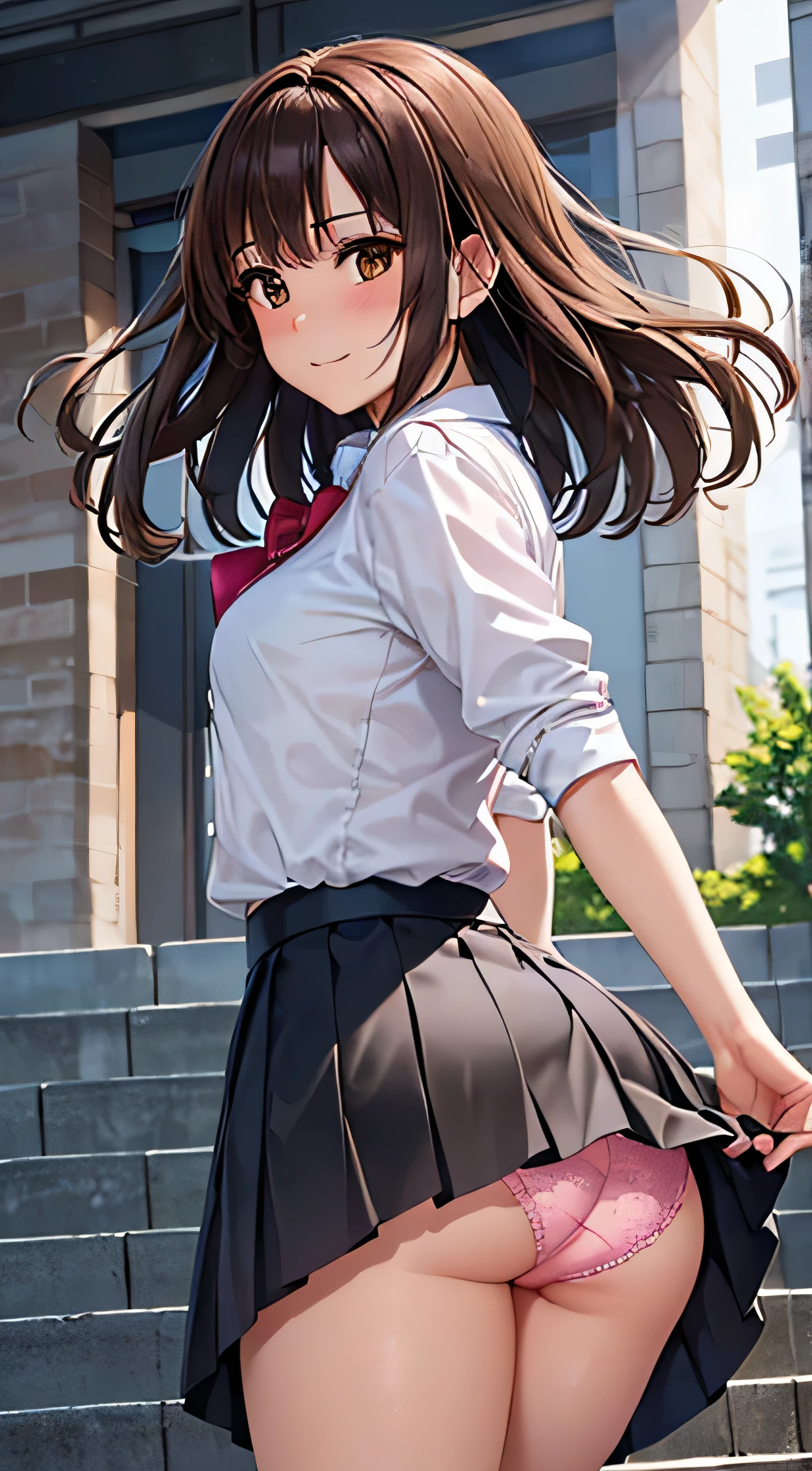 ((Tabletop, highest quality, High resolution, Hmph, Perfect Pixel,  4K, Hmph, Hmph))), One Girl, single, alone, Beauty、The whole body is visible、 ((Mid-wave hair, bangs, Brown Hair)), ((Brown eyes, Beautiful eyelashes, Realistic eyes)), ((Detailed face, Blushing:1.2)), ((Smooth texture:0.75, Realistic texture:0.65, Realistic:1.1, Anime CG Style)), Medium chest, Dynamic Angle, Perfect body,  ((Red bow tie, , , White shirt, Black Skirt, Checked skirt)), City stairs、Looking up from the bottom of the stairs、Very embarrassing panic smile, looked back、Leaning forward、(The wind blew up her skirt, exposing her buttocks....................、Touch your buttocks with both hands、Light pink floral lace panties)、