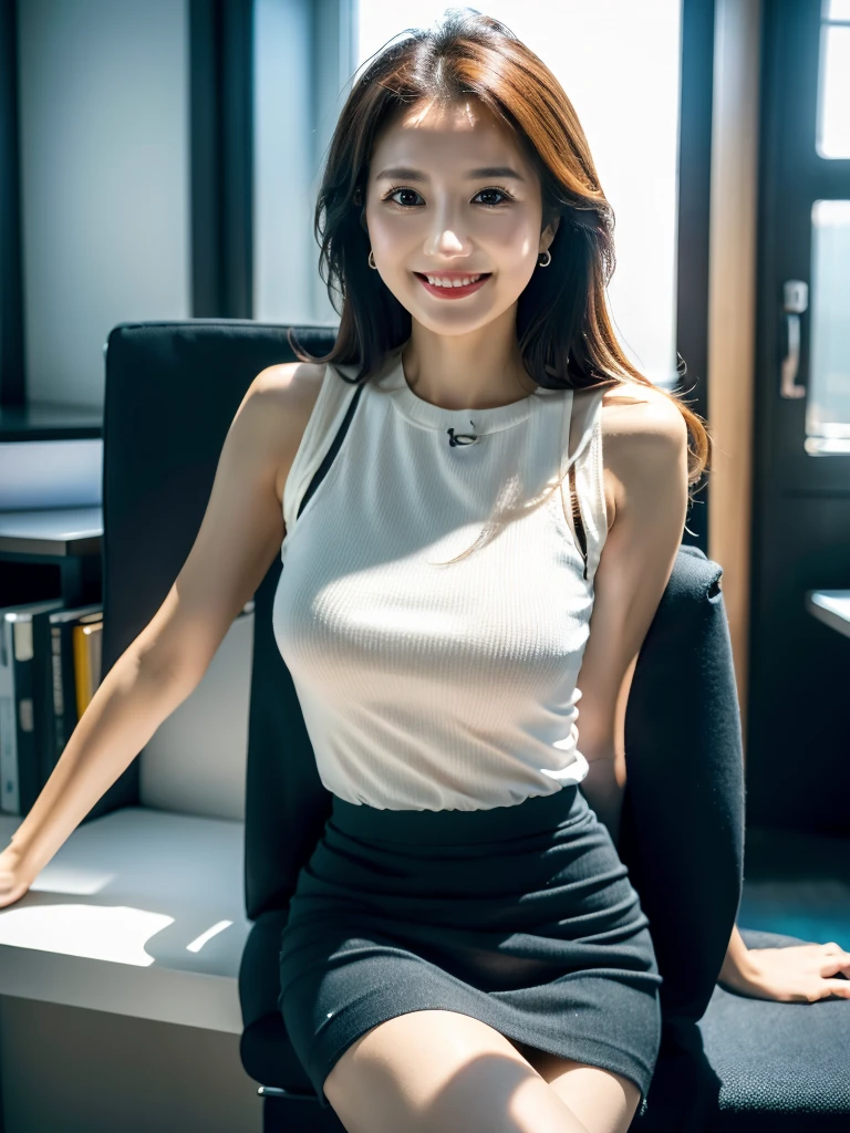 ulzzang -6500-v1.1、(Raw photo:1.2)、(Photorealsitic)、Beautiful details、(Real: 1.4)、Very detailedな目と顔、Beautiful detailsな目、Standing in the office、(Sleeveless high neck sweater、flare skirt:1.2)、(超Realパンスト、High heels)、Cross-legged、Large file sizes、High resolution、Very detailed、highest quality、[masterpiece:1.6]、An illustration、Very detailed、nffsw、Fine details、highest quality、8k wallpaper、Cinema Lighting、One mature woman、43 years old、Perfect figure、Cute droopy eyes beautiful big eyes、Peace Finger、((Mastepiece))、highest quality、One mature woman、eye shadow、Portrait、( (FULL BODYSHOT:1.4))、(A very kind smile:1.2)、