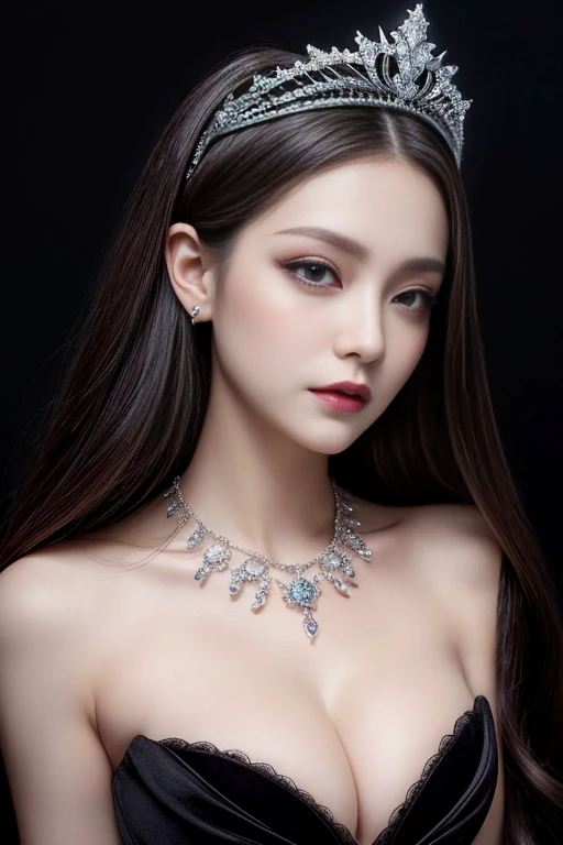 highest quality、masterpiece、8k、Award-winning works、Hyperrealism、Vampire Princess、恐ろしいVampire Princess、Natural forehead、spooky、White skin、Wicked Makeup、Face close-up、Face close-up写真、Photographing faces with beautiful composition、The most detailed and beautiful face、The relentless gaze、look at me、Long eyelashes、spookyなメイク、Black Lips、eye shadow、艶のあるBlack Lips、Top quality ultra HD skins、The most detailed eyes、(The most luxurious and highest quality giant tiara、The most luxurious and highest quality giant necklace、The most gorgeous giant ruby、The most luxurious jewelry decoration、The most luxurious and luxurious black princess dress)、Cleavage、Pitch black background 1.2、dark、Beautiful long wavy hair、