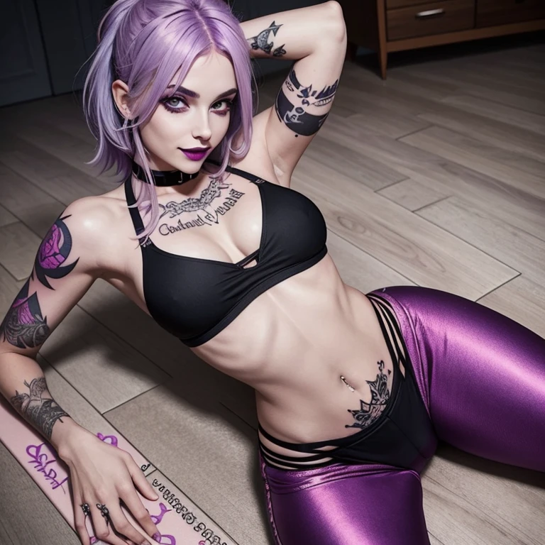 Sexy Swedish girl, light purple hair, doing yoga on the floor, wearing only a tiny tight bra and bikini, heavy goth tattoos all over her body, a spider tattoo on her chest, goth tattoos on her stomach and abdomen, heavy makeup, bright pink lipstick, very skinny, skinny waist, smiling