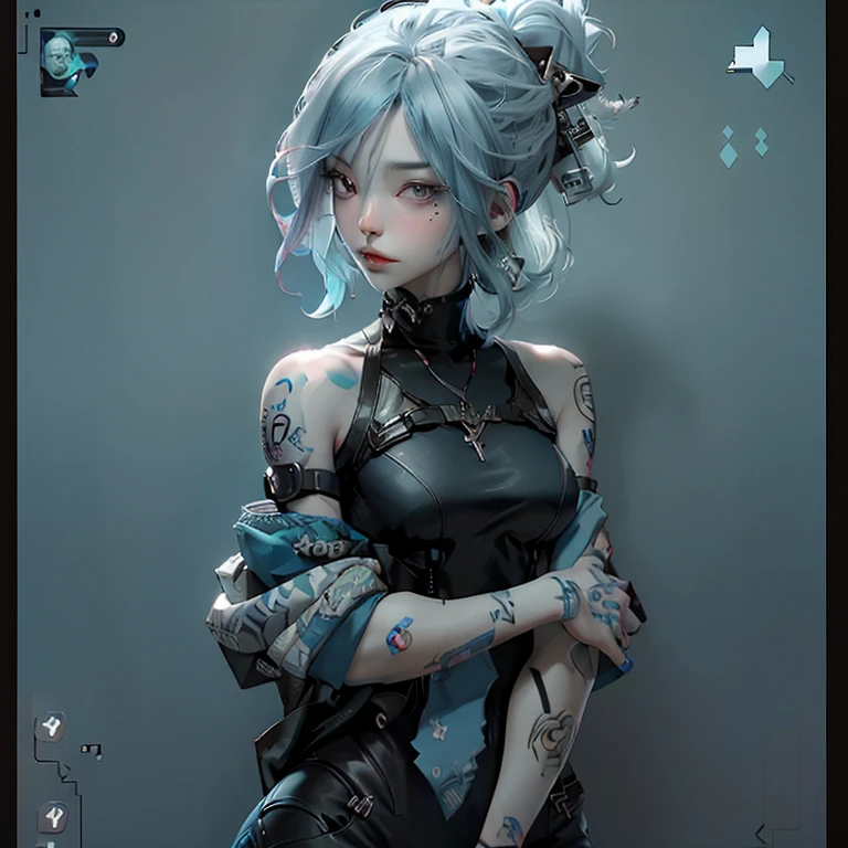 a woman with blue hair and tattoos on her arm, instagram hd, headcrab, cover art, screengrab, crosses, 1 2 k, female android, female fursona, tiktok, 1:1 album artwork, goblinko, 8 h, smiley profile, famous artist, inspired by Georg Schrimpf, 2 0 7 7