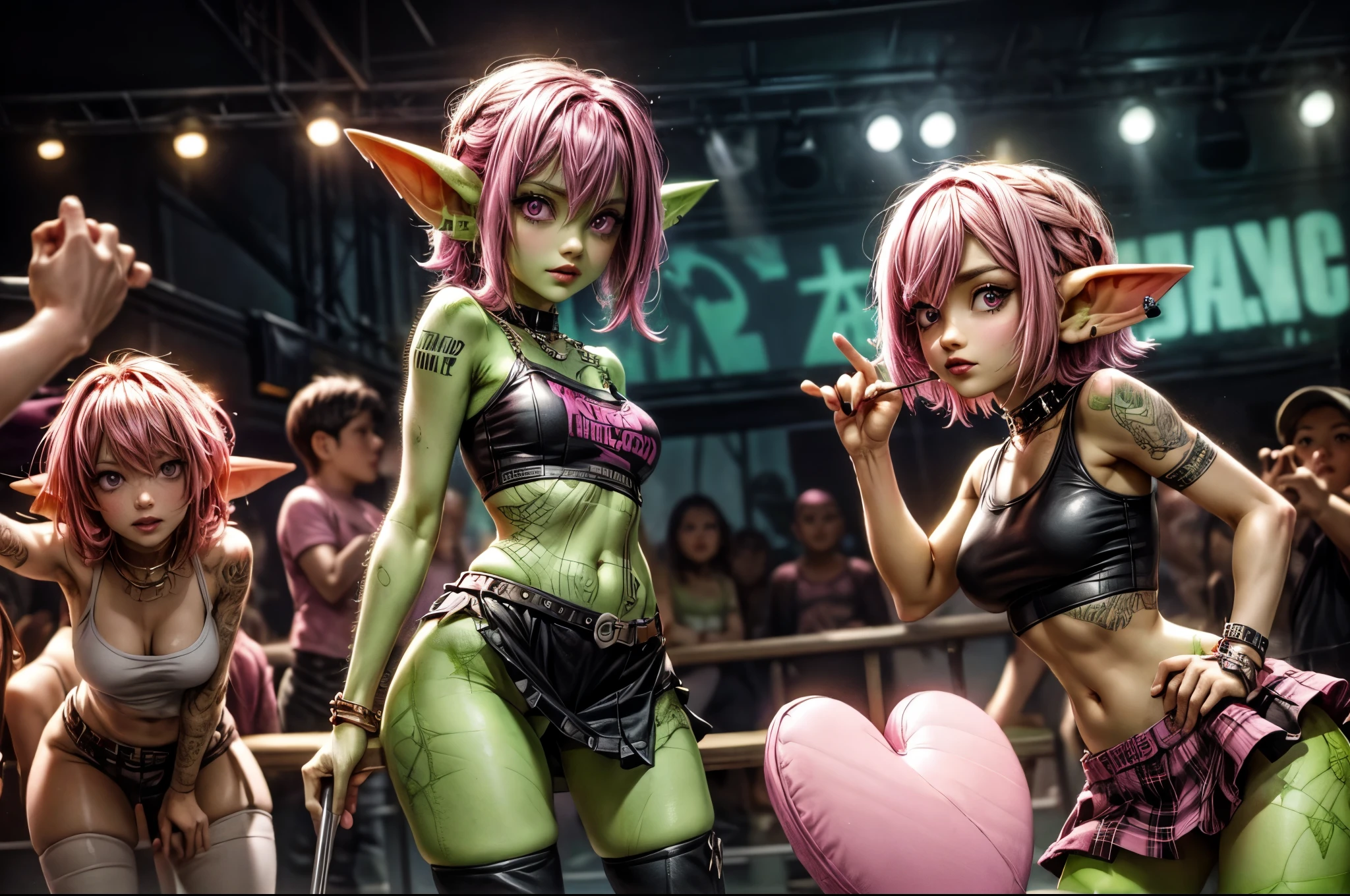 absurd resolution, ((best quality)), ((masterpiece)), (very detailed), 4k, goblin girl, hardcore punk rocker, pink hair, brown eyes, pink tank top, wearing microskirt, wearing chains, pink eye makeup, ripped fishnets, ((green skin)), small pointy ears, thigh boots, standing outside of a punk club, signing autographs for a crowd of fans, looking at viewer, holding pen and notepad, surrounded by adoring fans