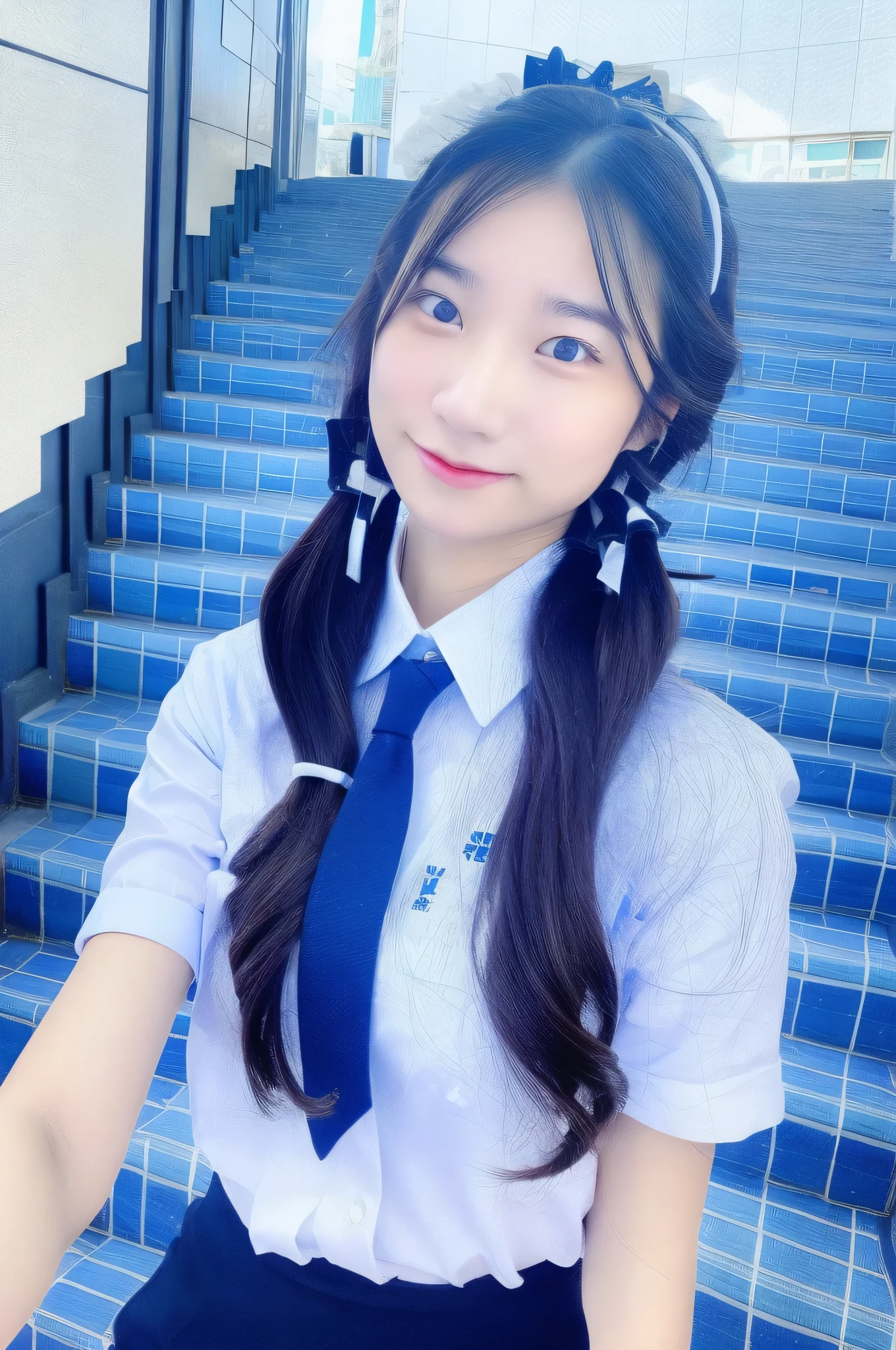 High school girl 18 years old wearing a light blue tie and a miniskirt with a white shirt, sfw