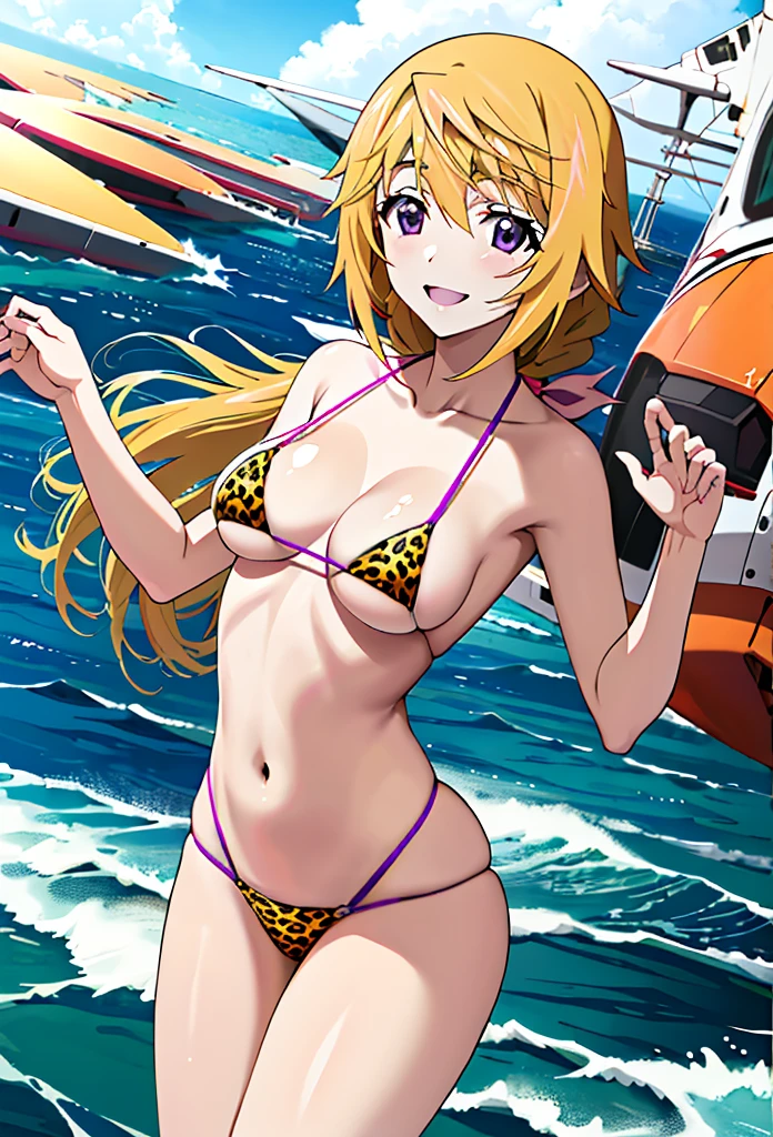 (masterpiece, 4K, highest quality, anime style: 1.9, Detailed face, Lovely, Ocean,Bold Line, High resolution, anime, Lake 4. alone, Curvaceous, Thighs, Cleavage, Medium Chest, smile, Please open your mouth wide, Very slim belly, Cowboy Shot,Leopard print micro bikini,1 girl、Charlotte Dunois(infinite stratos), Long Hair, Blonde, Pink hair ribbon, (Purple eyes:1.1), ponytail,