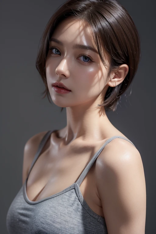 Skin Tight Top:1.2, Looking at Viewer, Cinematic lighting, Perfect, softlight, High resolution skin:1.2, Realistic skin texture, 30 years old mature woman、Small face、no-makeup、 off shoulders,Bust B Cup、 Exposed cleavage, Small breasts、Blue eyes, Short hair, dark brown  hair、Gray background、