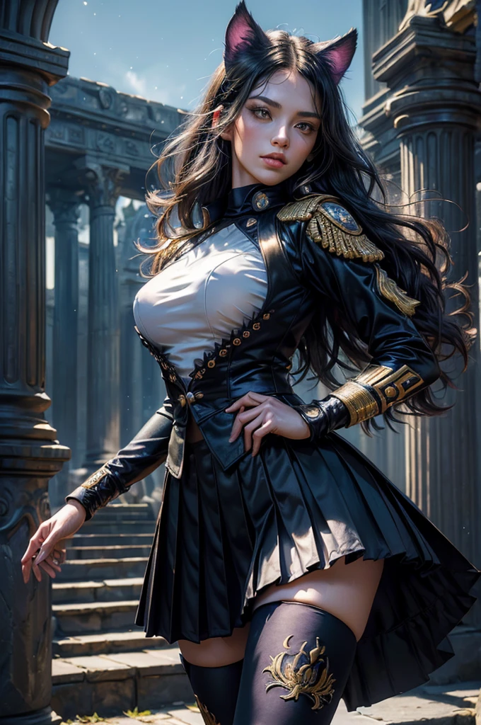 (masterpiece,stunning girlfriend, (standing:1.1), dynamic pose, heart shaped face, elegant face, beautiful face, highly detailed face, highly detailed skin, skin pores, subsurface scattering, realistic pupils, looking at viewer, full lips, detailed background, depth of field, atmospheric perspective, volumetric lighting, sharp focus, absurdres, realistic proportions, good anatomy, (realistic, hyperrealistic:1.4), 16k hdr, (masterpiece, best quality),  intricate details, 1girl,   blake_belladonna, gmuniform, pleated skirt, blue thighhighs,  black and gold uniform,  standing outside, night, stars, moonlight, gothic temple, pillars, ruins, river, crowd, ((crowd in military uniforms))