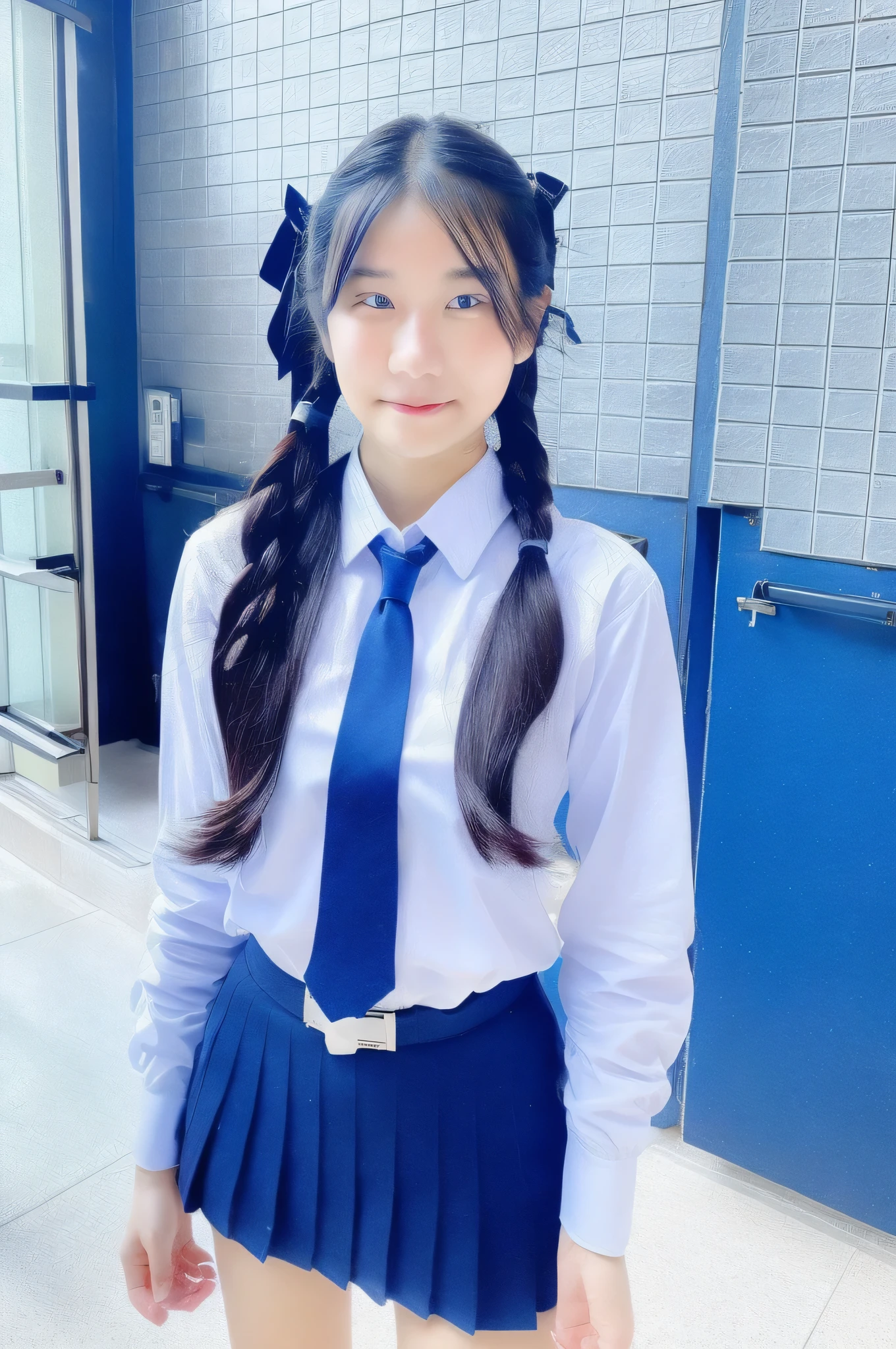 High school girl 18 years old wearing a light blue tie and a miniskirt with a white shirt, sfw