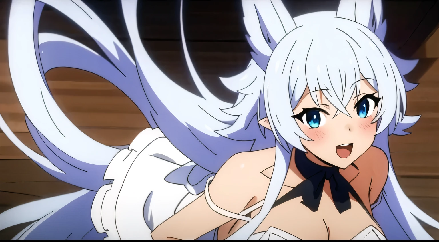 ((Masterpiece, highest quality: 1.2), detailed image, anime character, one girl, blue eyes, full breasts, white dress, black ribbon tied in front, animal ears covered with hair, long white hair