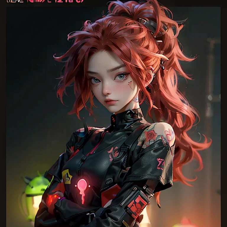 a woman with red hair and tattoos neon luminosos, on her arm, instagram hd, headcrab, cover art, screengrab, cubo neon red, detalhes florescentes luminosos, crosses, 1 2 k, female android, female fursona, tiktok, 1:1 album artwork, goblinko, 8 h, smiley profile, famous artist, inspired by Georg Schrimpf, 2 0 7 7