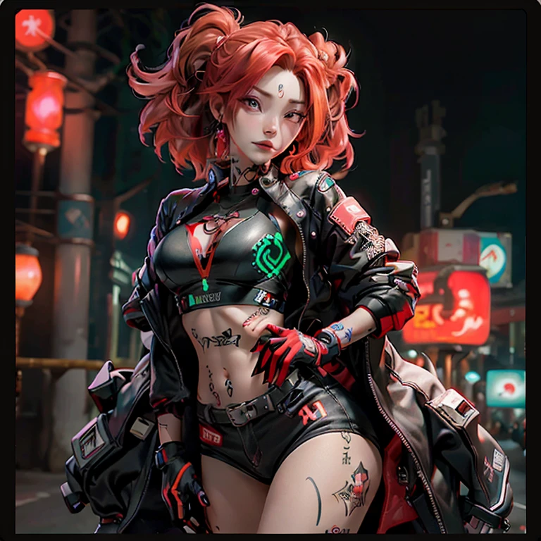 a woman with red hair and tattoos neon luminosos, on her arm, instagram hd, headcrab, cover art, screengrab, cubo neon red, detalhes florescentes luminosos, crosses, 1 2 k, female android, female fursona, tiktok, 1:1 album artwork, goblinko, 8 h, smiley profile, famous artist, inspired by Georg Schrimpf, 2 0 7 7