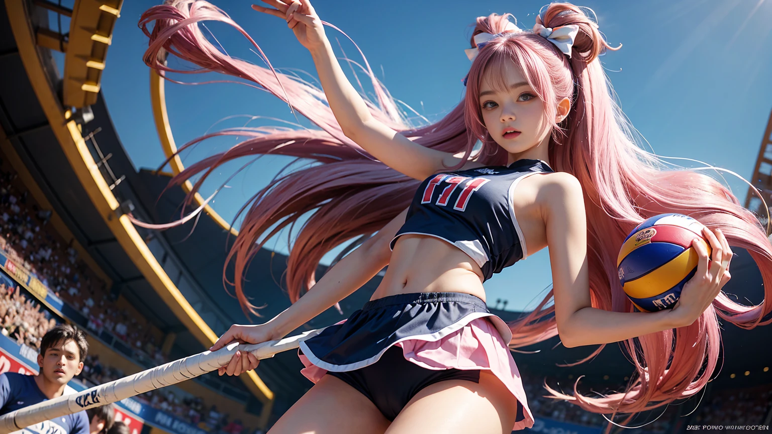 1girll,Twin-tailed,Colorful hair,The long-haired、Flying,pink bows,-yeld fee model,Side,ni、Volleyball wear、Buruma、Dark blue bloomers 、matte fabric bloomers、No gloss、Colossal 、kawaii、realisitic、pantiy、Idol、Volleyball game、Attack、action of hitting the ball、