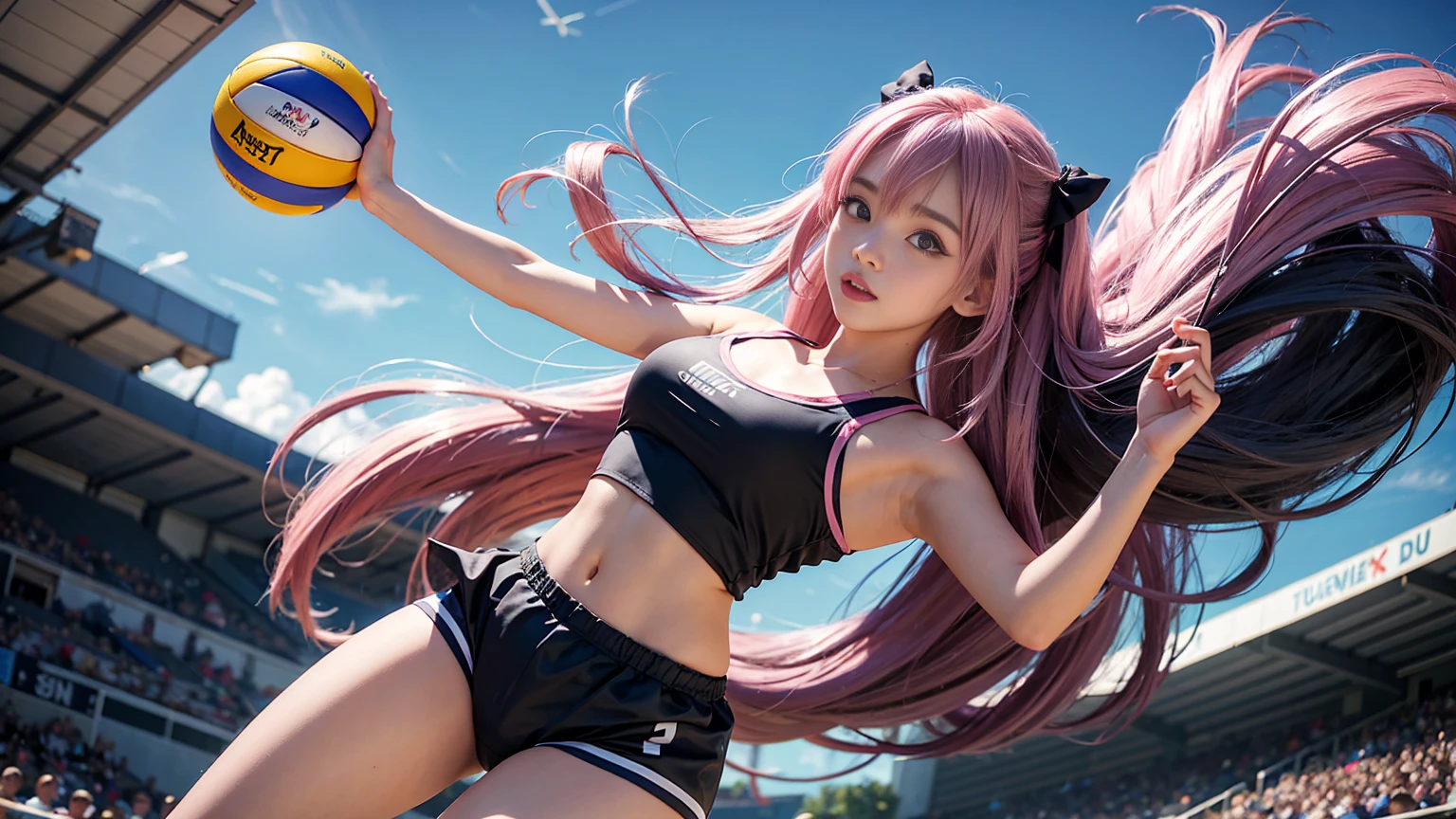 1girll,Twin-tailed,Colorful hair,The long-haired、Flying,pink bows,-yeld fee model,Side,ni、Volleyball wear、Buruma、Dark blue bloomers 、matte fabric bloomers、No gloss、Colossal 、kawaii、realisitic、pantiy、Idol、Volleyball game、Attack、action of hitting the ball、