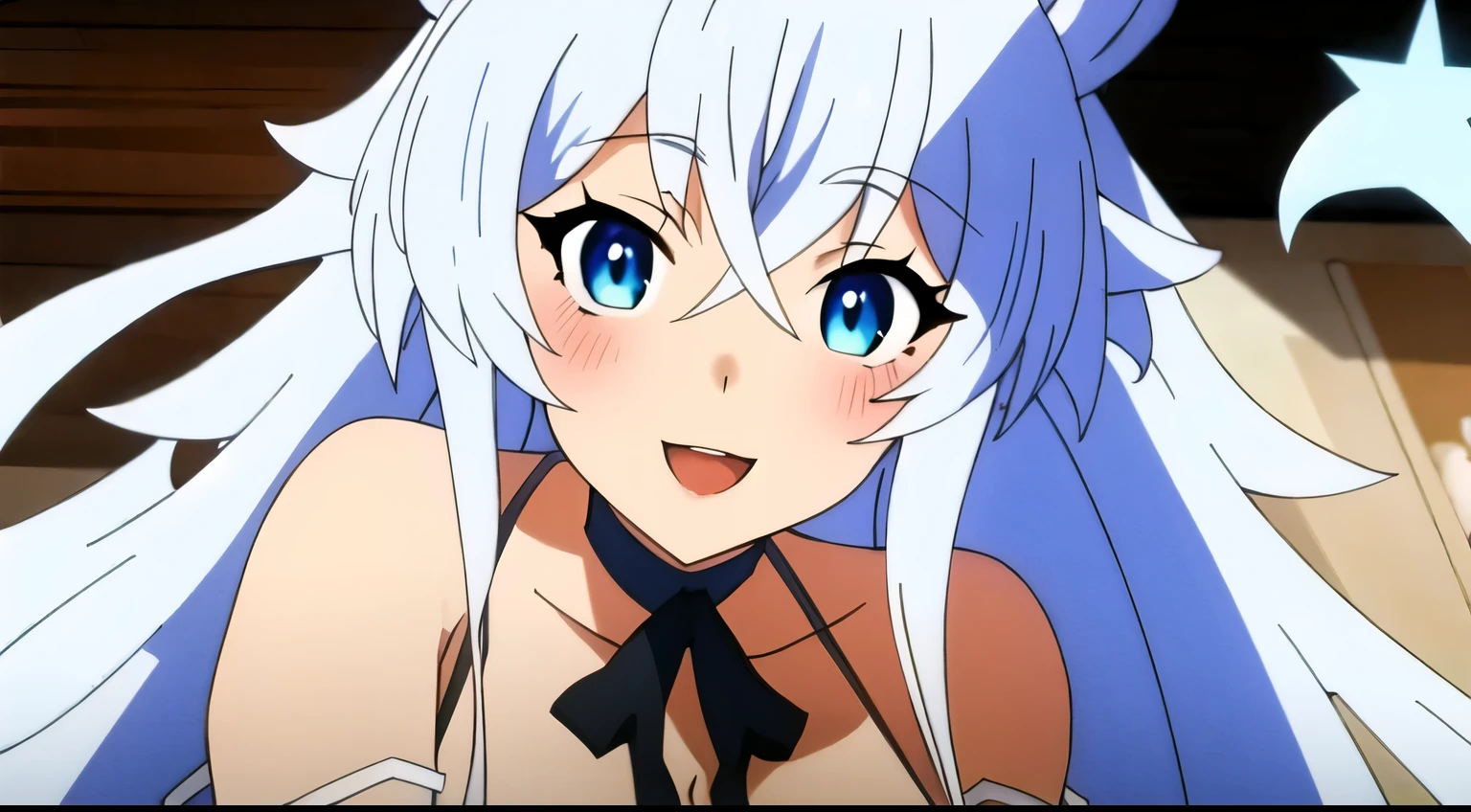 ((Masterpiece, highest quality: 1.2), detailed image, anime character, one girl, blue eyes, full breasts, white dress, black ribbon tied in front, animal ears covered with hair, long white hair