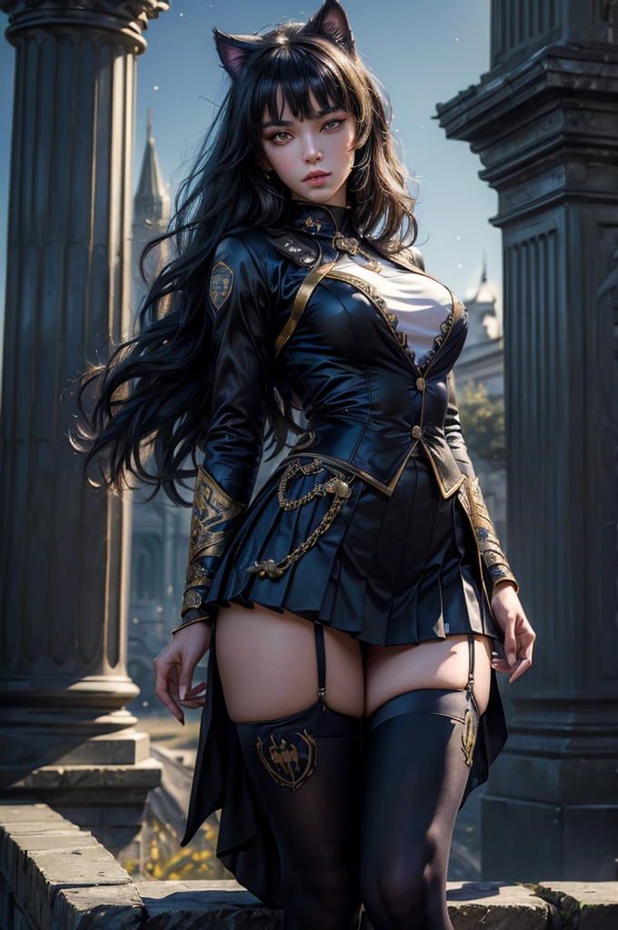 (masterpiece,stunning girlfriend, (standing:1.1), dynamic pose, heart shaped face, elegant face, beautiful face, highly detailed face, highly detailed skin, skin pores, subsurface scattering, realistic pupils, looking at viewer, full lips, detailed background, depth of field, atmospheric perspective, volumetric lighting, sharp focus, absurdres, realistic proportions, good anatomy, (realistic, hyperrealistic:1.4), 16k hdr, (masterpiece, best quality), intricate details, 1girl, blake_belladonna, gmuniform, pleated skirt, blue thighhighs, black and gold uniform, standing outside, night, stars, moonlight, gothic temple, pillars, ruins, river, crowd, ((crowd in military uniforms))