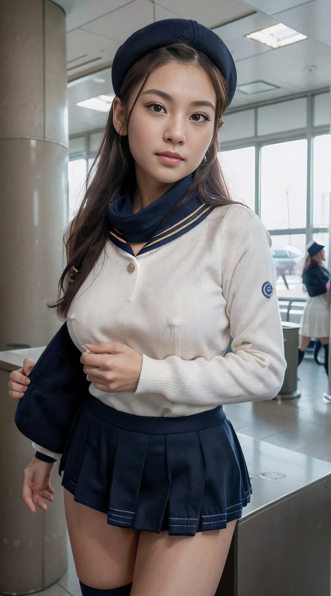 mix4, (16 K, Raw photography, Top image quality, masterpiece: 1.45), (realisitic, Photorealsitic: 1.37), one girls, 7.5, etc、No skin exposure due to clothing、well maintained、Random hairstyle、Standing figure,Morning time slot、a very cute,, profetional lighting, photon maping、physically-based renderingt, Gradient dark brown hair,Crisp backgrounds and high resolution, a handsome, Well-groomed and beautiful eyes、Large double eyelids、Very shiny、girl with, (((student clothes、Long sleeve sailor suit worn by Japan 、Navy blue sailor color、scarf、a miniskirt, Small beret、high socks、lowfers))), Top Quality Photos, hight resolution, 1080p, (clearface), (Detailed face description), (Detailed hand description), (masterpiece), (Exquisite CG)、extreme light and shadows、dishevled hair、master work、abundant detail、(Fine facial features)、(top quality photo)、(masuter piece)、(A detailed eye)、Look in front of you、Fine clavicle、((Slender big))、(((Japan in sailor suit)))、((Beautiful face like an idol))、((Airport lobby、Before check-in、Airplane seen from the window))、(((neat and cute)))、earrings、A big smile、Drawing the whole body from the knees、Do not draw nasolabial folds、(((Cute sailor suit)))、(Big breasts that hang down big:1.2)、Big buttocks with tension、Two arms and two legs、(((from the front side:0.3)))、bare hand、