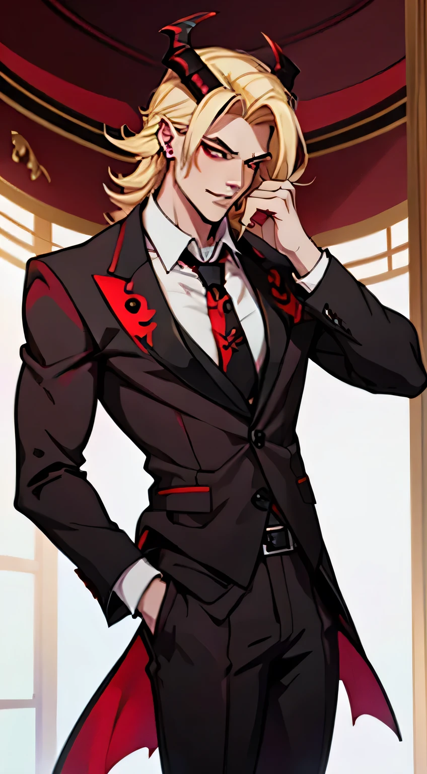 Hazbin Hotel Male Lilith, big red ram horns, demon, tall, blonde, muscular, suit, necktie, handsome, 1male, 1guy