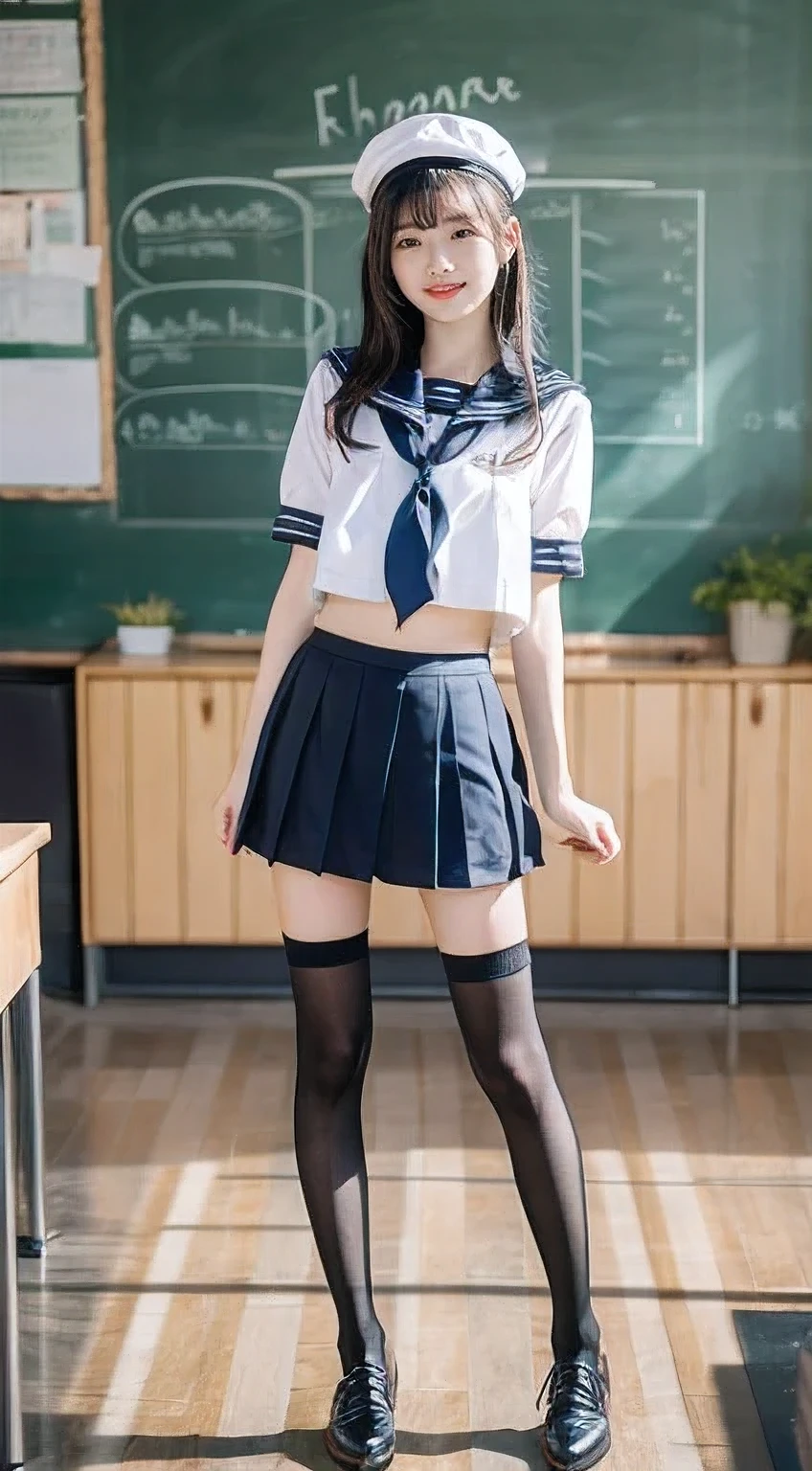 1girl, Cute, black-haired, 14 years old, Smile, Looks pure, Sailor Suit, Photography, Realistic, Best Quality, Detailed face, Full body, slender, Slender legs, Long legs, Wearing thigh-high socks, shoes on, School, Classroom,sfe