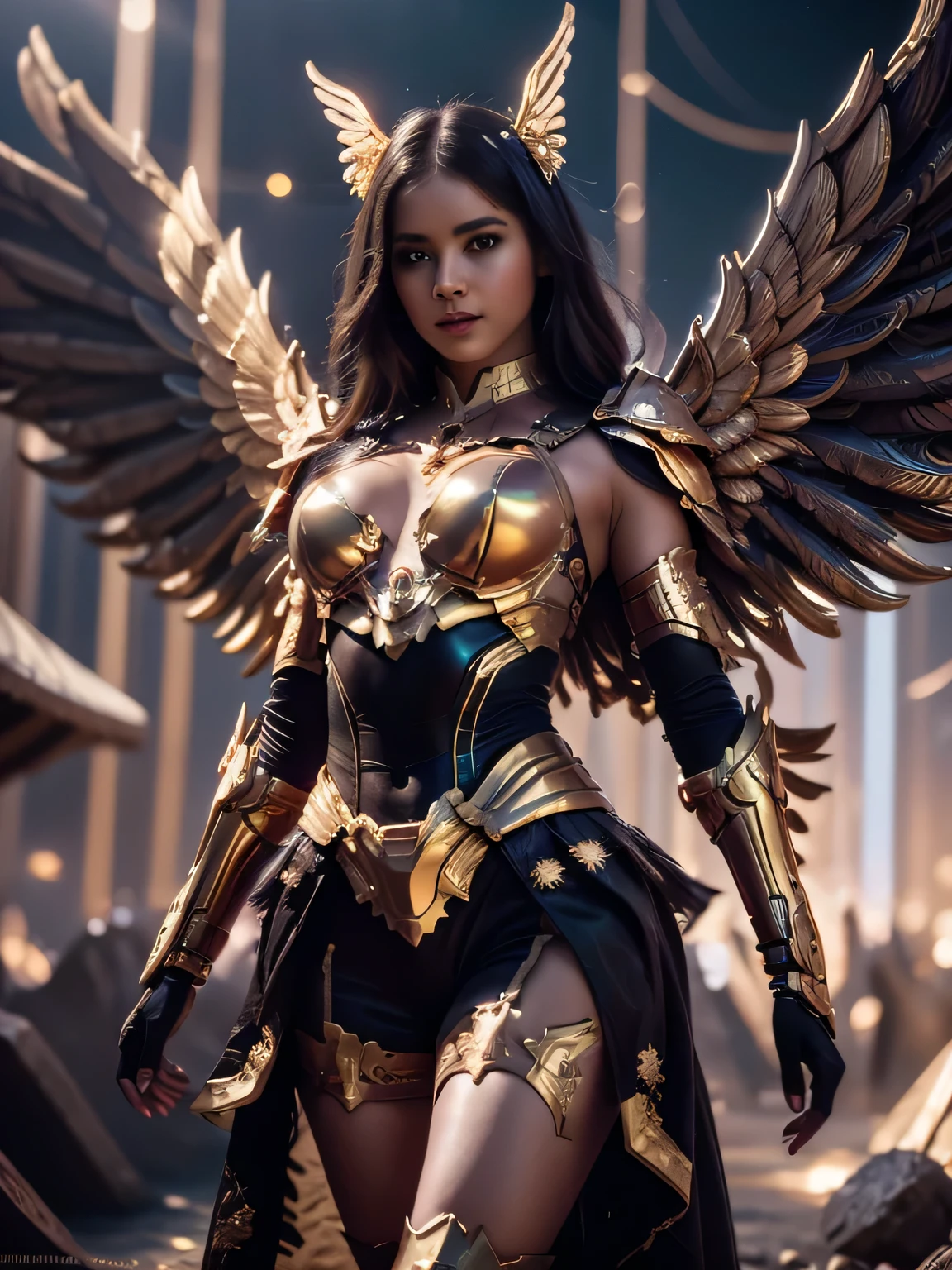 A girl in peacock armor with a combination of gold stripes and wing-like wings adorns the image, illuminated in an RTX style. The dark, heavenly backdrop adds an interesting contrast, as if he emerged from the depths of another realm. The photo, skillfully captured with Provia film, shows the finest details of the mechanical design. The combination of pink and light gold mini skirt fabric highlights the aspects of angels and superheroes. An angel wearing red and gold armor stands in front of us in black and white, adding drama to the scene that is reminiscent of Womancore. Beautiful angel wings cosplay angel HD wallpapers are finely detailed, every feature