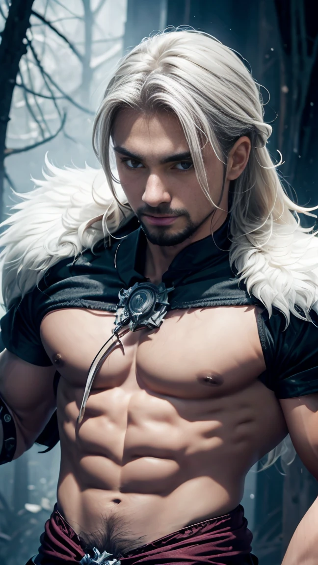 
 young man with pony tail white hair and silver eyes, six-pack abs, bare the upper body, in dark forest, in the night, dark ilumination 