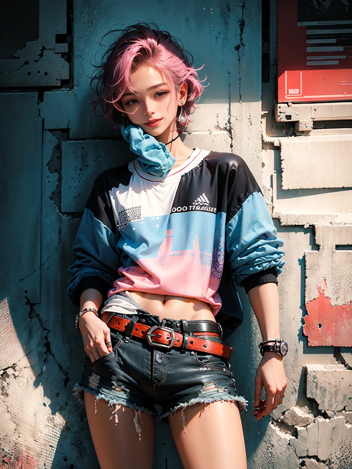 plano general, cuerpo entero, Chico kpop de hombre joven edad con cabello rosa oscuro cortado descolorido y arete blanco en la oreja derecha, chaqueta abierta con camisas azul oscuro, linda sonrisa, ripped black shorts and a big buckled belt, Fondo de pintura, estrella del pop, tiene un peinado emo rosa desordenado. Tiene una apariencia normal de Putt Putt Troll en general., (Fondo de espejo de cristal roto de cristal rosa y oscuro), colores cian, magenta, amarillo verde, violeta
