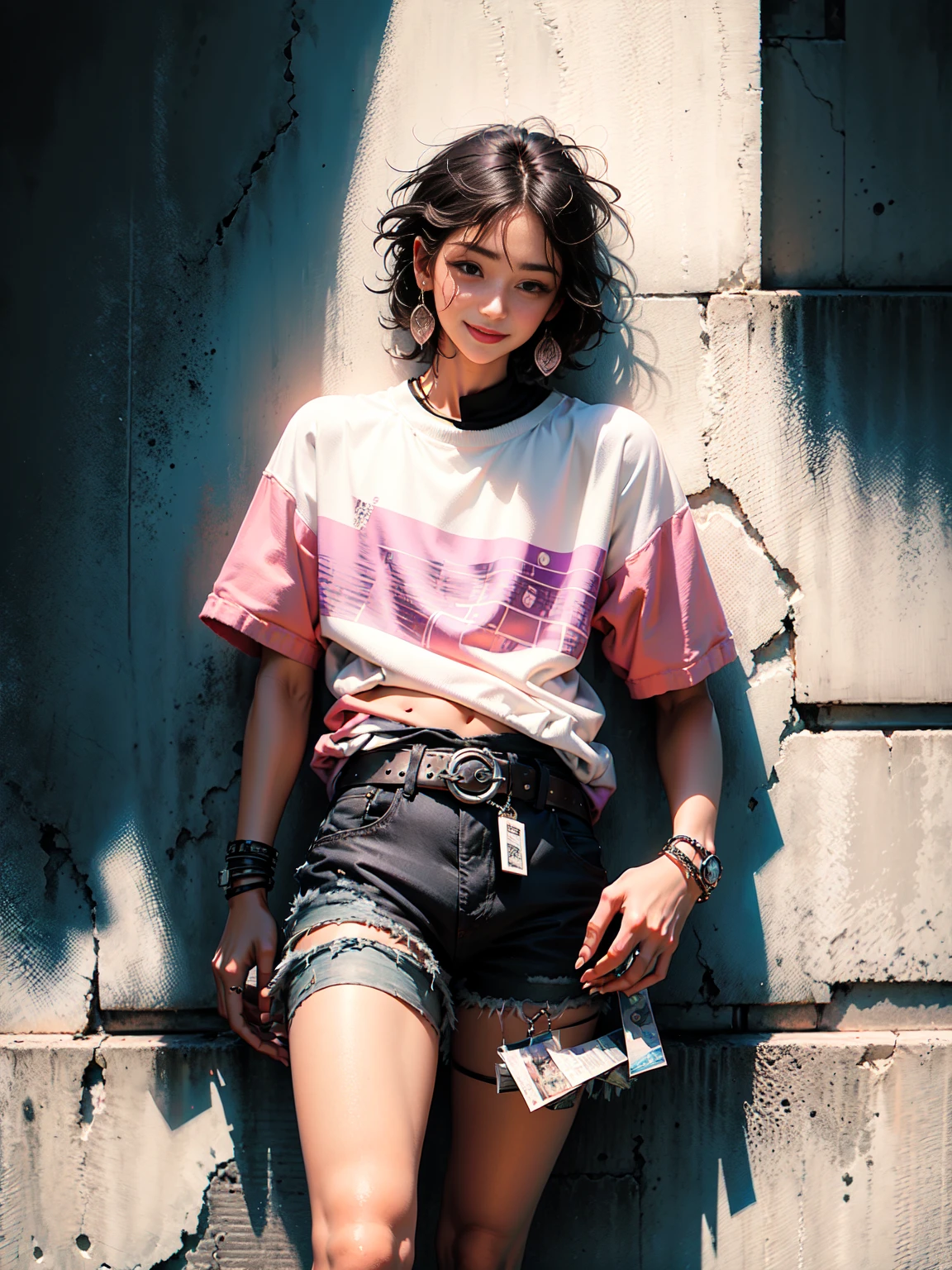 plano general, cuerpo entero, Chico kpop de hombre joven edad con cabello rosa oscuro cortado descolorido y arete blanco en la oreja derecha, chaqueta abierta con camisas azul oscuro, linda sonrisa, ripped black shorts and a big buckled belt, Fondo de pintura, estrella del pop, tiene un peinado emo rosa desordenado. Tiene una apariencia normal de Putt Putt Troll en general., (Fondo de espejo de cristal roto de cristal rosa y oscuro), colores cian, magenta, amarillo verde, violeta