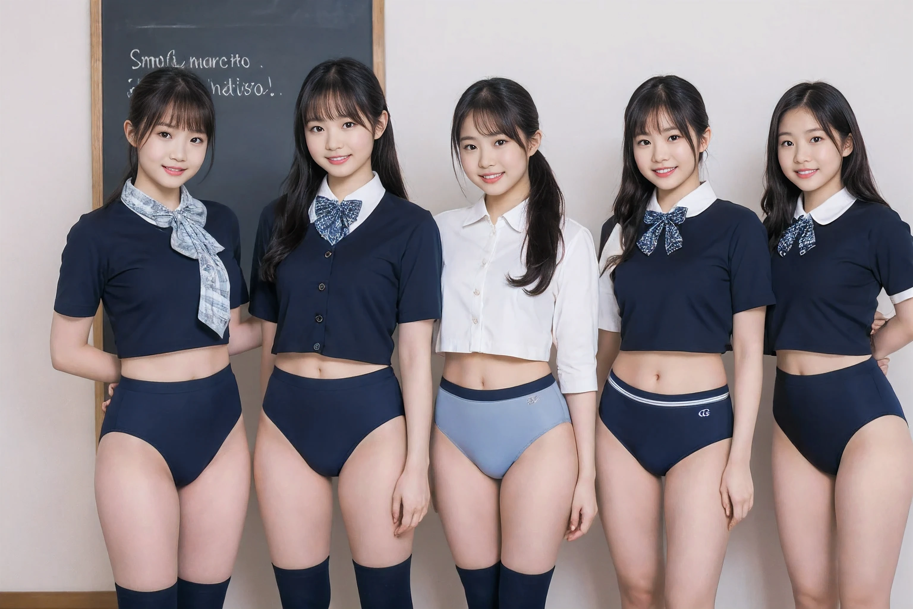 (8x_NMKD-Superscale_150000_G),(8K, Super high quality,highest quality),(masterpiece:1.5),(cowboy shot),3 girls, , standing in front of blackboard in school classroom, ((No unification of faces)), ((Drawing their clothes in unity)), (bow tie, sailor uniform, navy blue sports panties, navy blue socks), smiling, beautiful slender, low Ponytail