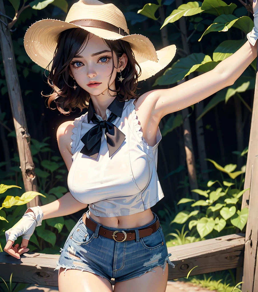 absurdres, RAW photo, extremely delicate and beautiful, masterpiece, Best Quality, ultra high resolution, 32k, hyperrealistic, ultra-detailed, perfect anatomy, anatomically correct, perfect figure, super Detailed skin, pale skin, 20 years old, very Slim body, narrow waist, very small head, very small face, delicate facial features, detailed face, detailed eyes, tearful mole, earring, thin legs, bare legs, ((very huge round breasts)), short medium hair, ((wavy hair)), wet clothes, collared white shirt, ((cowgirl)), (vest), cowboy hat, (fingerless gloves), midriff, neckerchief, shorts, (gun belt),