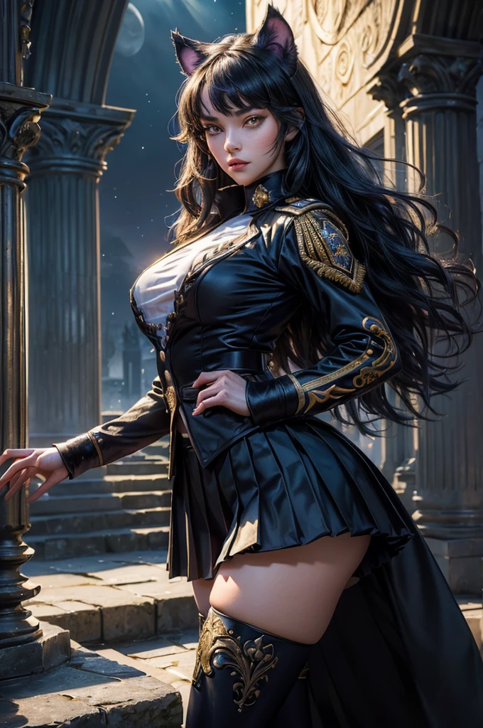 (masterpiece,stunning girlfriend, (standing:1.1), dynamic pose, heart shaped face, elegant face, beautiful face, highly detailed face, highly detailed skin, skin pores, subsurface scattering, realistic pupils, looking at viewer, full lips, detailed background, depth of field, atmospheric perspective, volumetric lighting, sharp focus, absurdres, realistic proportions, good anatomy, (realistic, hyperrealistic:1.4), 16k hdr, (masterpiece, best quality), intricate details, 1girl, blake_belladonna, gmuniform, pleated skirt, blue thighhighs, black and gold uniform, standing outside, night, stars, moonlight, gothic temple, pillars, ruins, river, crowd, ((crowd in military uniforms))