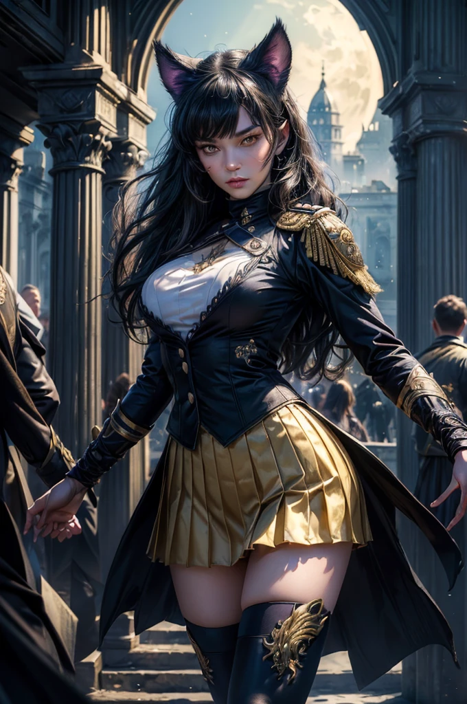 (masterpiece,stunning girlfriend, (standing:1.1), dynamic pose, heart shaped face, elegant face, beautiful face, highly detailed face, highly detailed skin, skin pores, subsurface scattering, realistic pupils, looking at viewer, full lips, detailed background, depth of field, atmospheric perspective, volumetric lighting, sharp focus, absurdres, realistic proportions, good anatomy, (realistic, hyperrealistic:1.4), 16k hdr, (masterpiece, best quality), intricate details, 1girl, blake_belladonna, gmuniform, pleated skirt, blue thighhighs, black and gold uniform, standing outside, night, stars, moonlight, gothic temple, pillars, ruins, river, crowd, ((crowd in military uniforms))