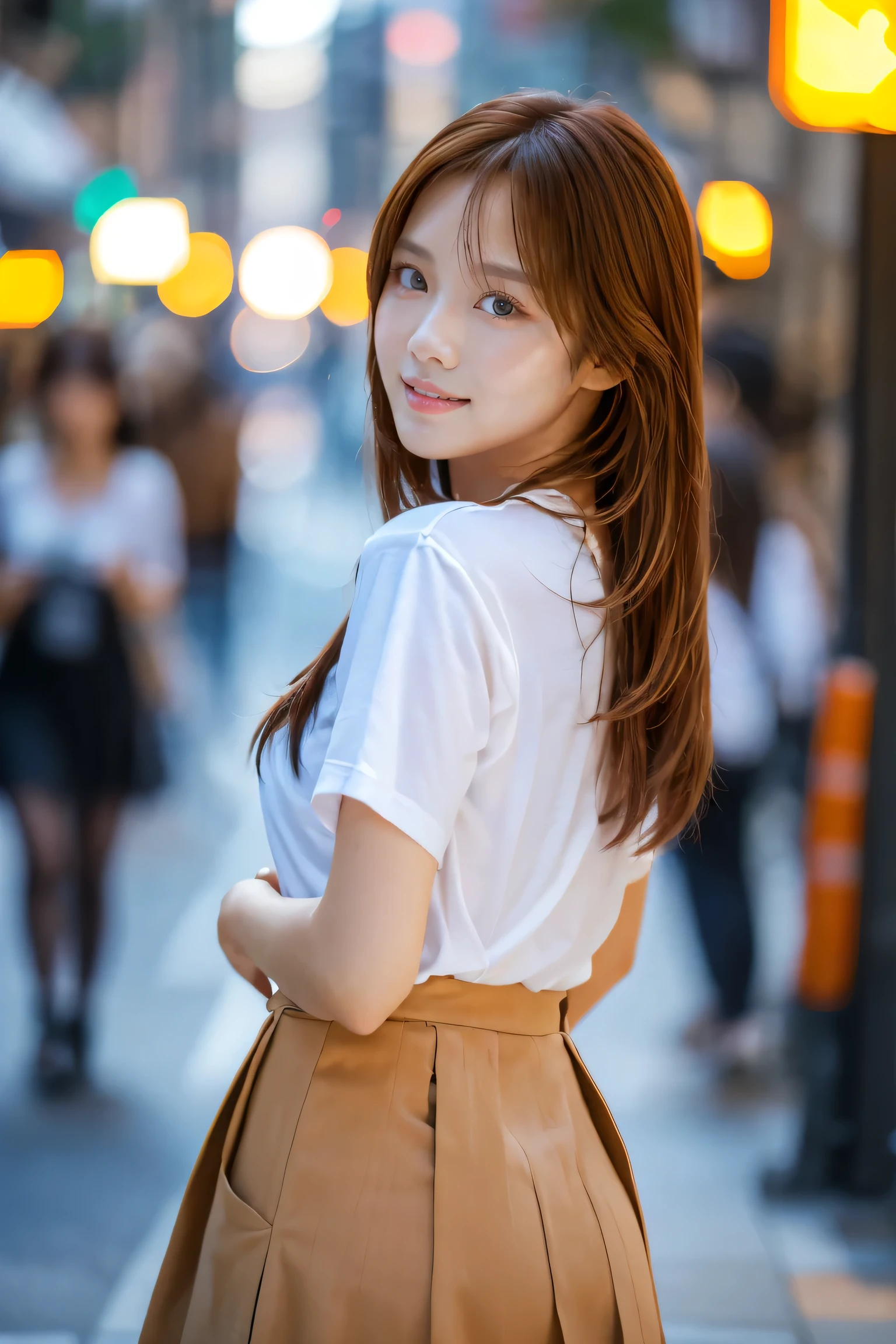 (18-year-old female), (The best quality at its best:1.4), (Super detailed), (Very detailed CG unified 16k), Beautiful woman with perfect figure: 1.4, Sharp focus: 1.2, Very detailed, High-quality RAW color photos, Professional photography, Great face and eyes, cosmetics, (Amazingly beautiful girl), ((shirt, Pleated mini skirt)), Are standing, Sexy posture,(Stylish cityscape, dawn:1.3), (View from below), Realistic movie faces, Wide zoomed out view of head to foot length, Full body long view, Realistic, ((Realistic natural orange red hairstyle, Realistic blue eyes, Short Bob Hair)), nice, Very beautiful face, Perfect model beauty, Mouth swelling, Highly detailed face and skin texture, Fine grain, double eyelid, Medium chest, smile, Crack, west, (masterpiece), highest quality, High resolution, Very detailed, Blurred Background, Depth of written boundary, Cinema Lighting, Great legs, High heels, Clear, well-maintained skin, (((Women make up the majority of the photo)))