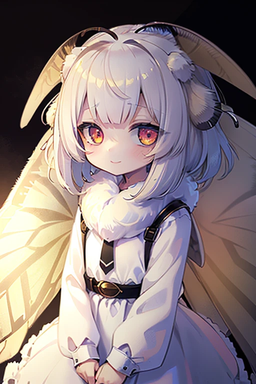 solo,1woman\(cute,kawaii,,skin color white,short white hair,(big moth wing on head:1.7),white dress\(beautiful race\),1moth antennae,smile,[moth wing on back:2.0],[moth wing on body:2.0],[moth wings:2.0],[extra arm],moth wing only on head\),background\(dappled sunlight,beautiful forest,dark,\), BREAK ,quality\(8k,wallpaper of extremely detailed CG unit, ​masterpiece,hight resolution,top-quality,top-quality real texture skin,hyper realisitic,increase the resolution,RAW photos,best qualtiy,highly detailed,the wallpaper,cinematic lighting,ray trace,golden ratio,\)