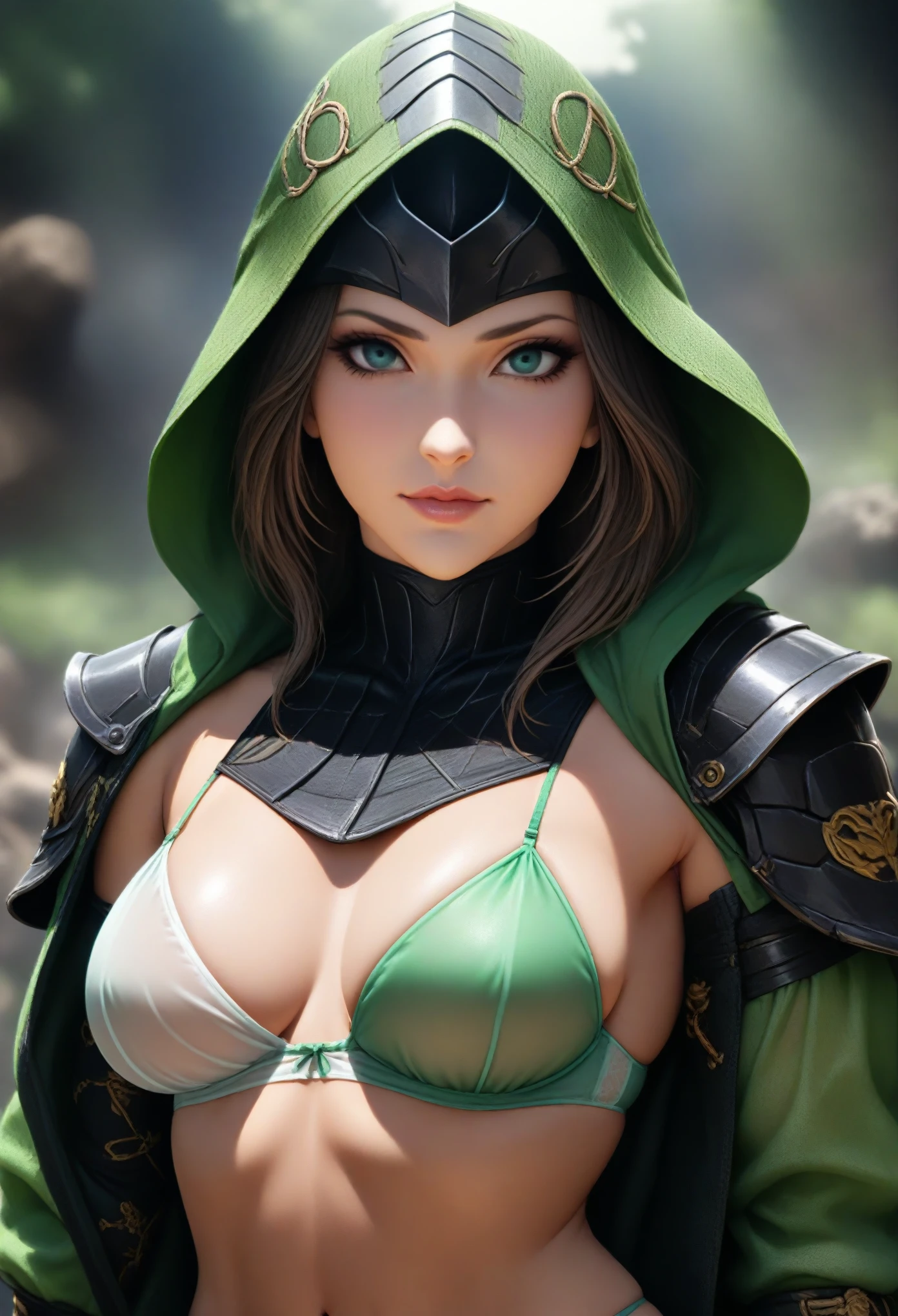 Cinematic soft lighting illuminates a stunningly detailed and ultra-realistic a close up of Tati Gabrielle in a green transparent silk lingerie with a hood on, mortal kombat 11, Jade from mortal kombat, in mortal kombat, mk ninja, wearing white transparent silk lingerie, akali, fujin, that is trending on ArtStation. Octane is the perfect tool to capture the softest details of this 16k photography masterpiece