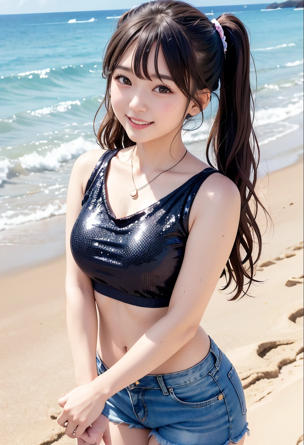 (highest quality,masterpiece:1.3,Ultra-high resolution),(Very detailed、Caustics) (Realistic:1.4, RAW shooting、)Ultra-Realistic Capture、Very detailed、Natural skin texture、masterpiece、(1 Japanese girl wearing a sequined t-shirt and mini denim hot pants:1.3)、Adorable expression、Expressions of Happiness、、Young Face、Agly cute、Twin tails、Curly Hair、Black Hair、Scrunchie、light makeup、necklace、Busty and bursting、Bare arms、Shining thighs、Shining ass、Shooting on the beach、Summer sunshine、smile、An inviting gaze、Cowboy Shot、Anatomically correct、Attention to detail、A pose that emphasizes the chest、