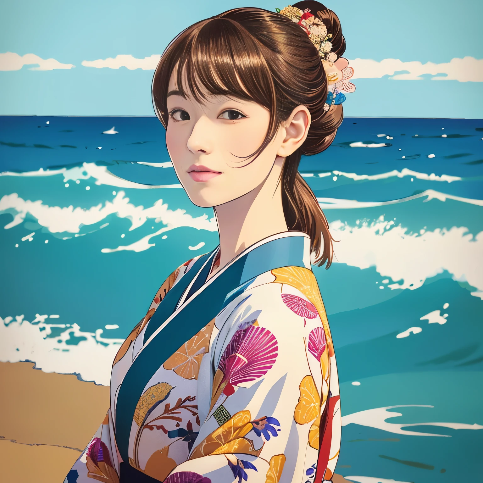 Illustration Style, ukiyo-e, Showa anime, woman, (Sensitive), Asahi, (highest quality, Ultra-detailed,Portraiture, Natural light)、kimono,Ocean