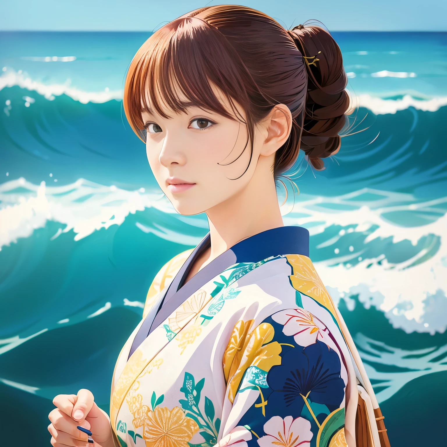 Illustration Style, ukiyo-e, Showa anime, woman, (Sensitive), Asahi, (highest quality, Ultra-detailed,Portraiture, Natural light)、kimono,Ocean