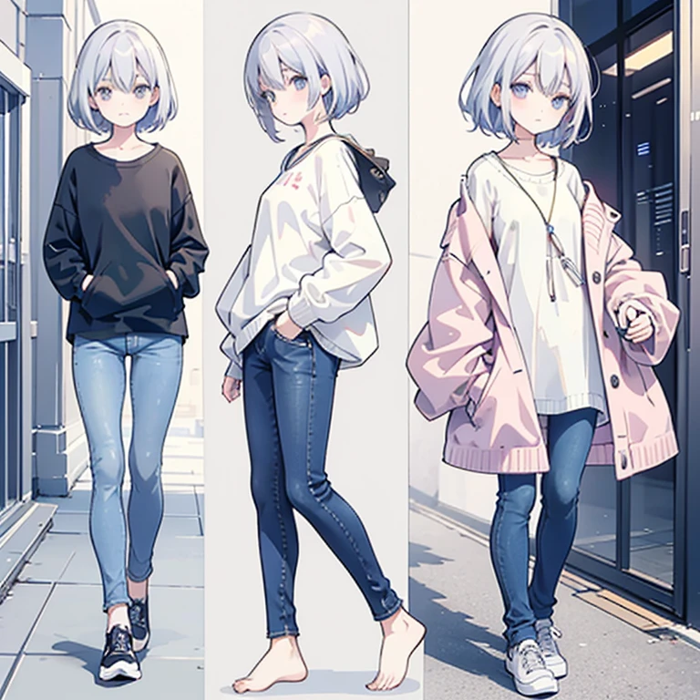 Wearing a sweater and jeans、Anime girl standing with hands in pockets, three sided view, from side, no background, flat chest,Full body illustration, Shortcuts, Full body portrait, anime Full body illustration, Casual pose, Full body photo, Casual clothing