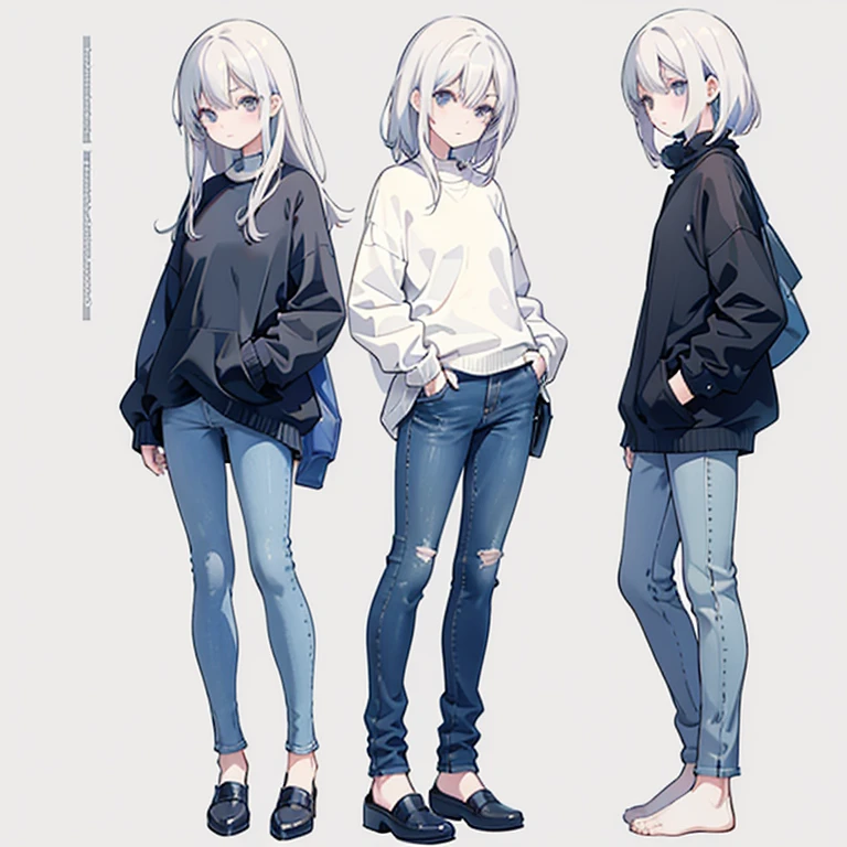 Wearing a sweater and jeans、Anime girl standing with hands in pockets, three sided view, from side, no background,  flat chest,Full body illustration, Shortcuts, Full body portrait, anime Full body illustration, Casual pose, Full body photo, Casual clothing