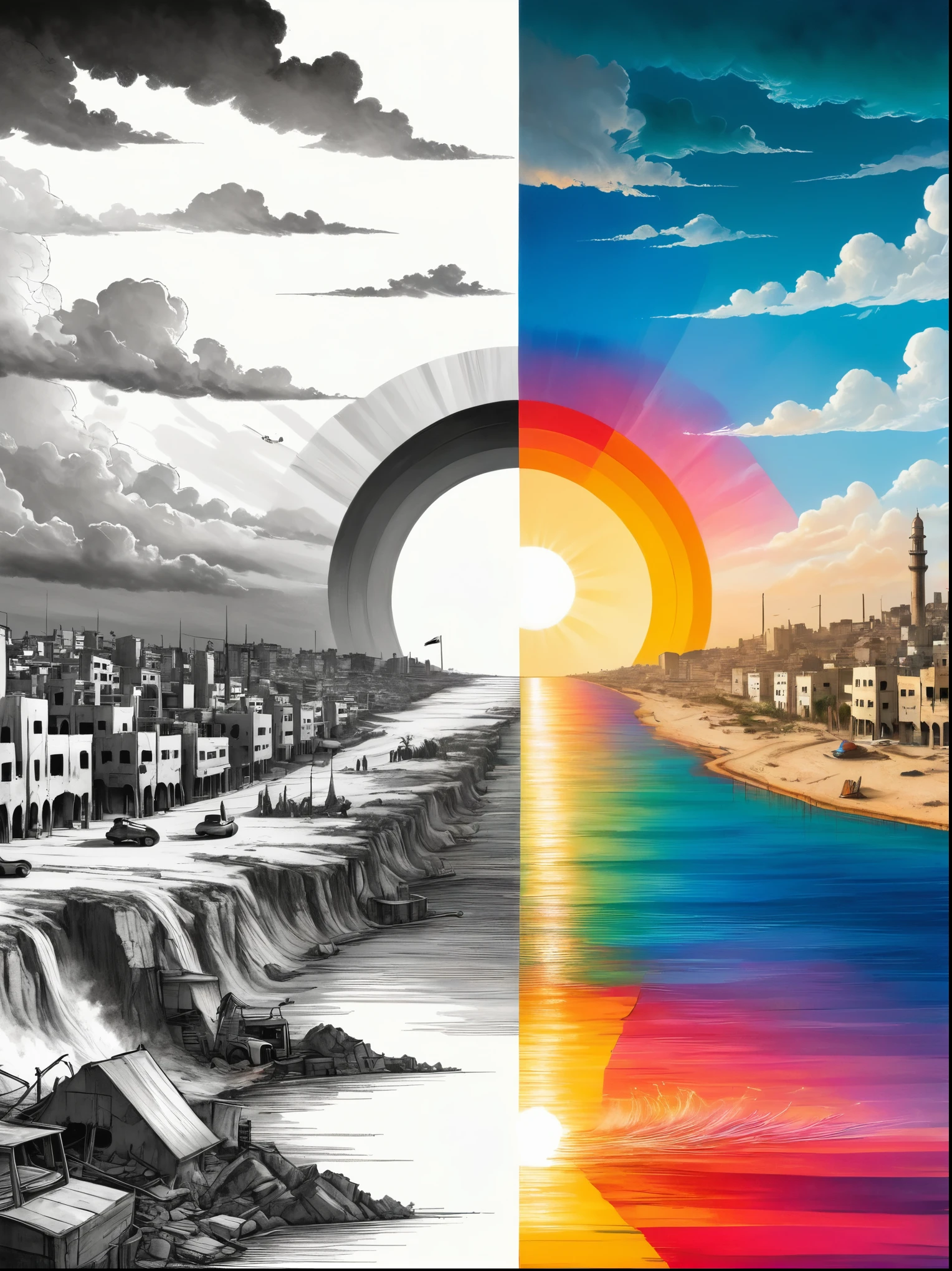 1hbgd1, (The left half is a black and white line drawing of the war-torn city of Gaza, The right half is a beautiful and pleasant Israeli city with bright sunshine and bright colors.), excellent quality, Detailed background, The art of math, ((The artwork should transition from a pencil drawing style in black and white on the left half to vibrant colors on the right half, Ensure a seamless integration between the two halves without any dividing line, with the left side featuring detailed black and white pencil strokes and the right side filled with colors, creating a harmonious blend across the image))