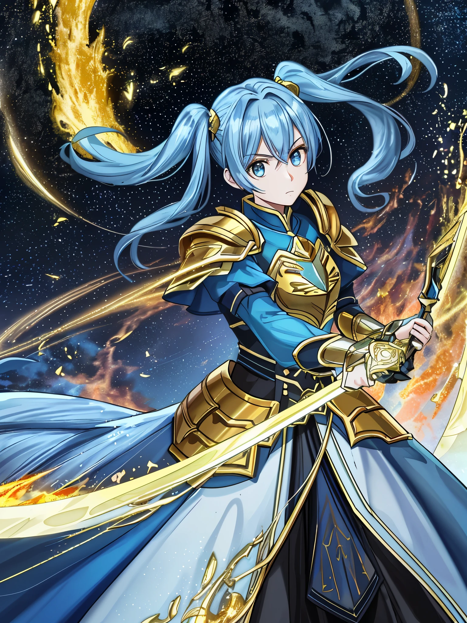 Golden owl、On the mountain cliff、Standing in blue armor and holding a sword,woman,Light blue long hair、Twin tails、 Hair is shaking and disheveled,Flame splash art、heroic,Like the whole body,The face is clear and accurate,Facial details,Ultra-fine,16K resolution,high quality,Cinema lighting,high resolution,Dynamic Viewing Angle,Spectacular shooting,OC Rendering、Moonlit Night、Starry Sky、milky way、