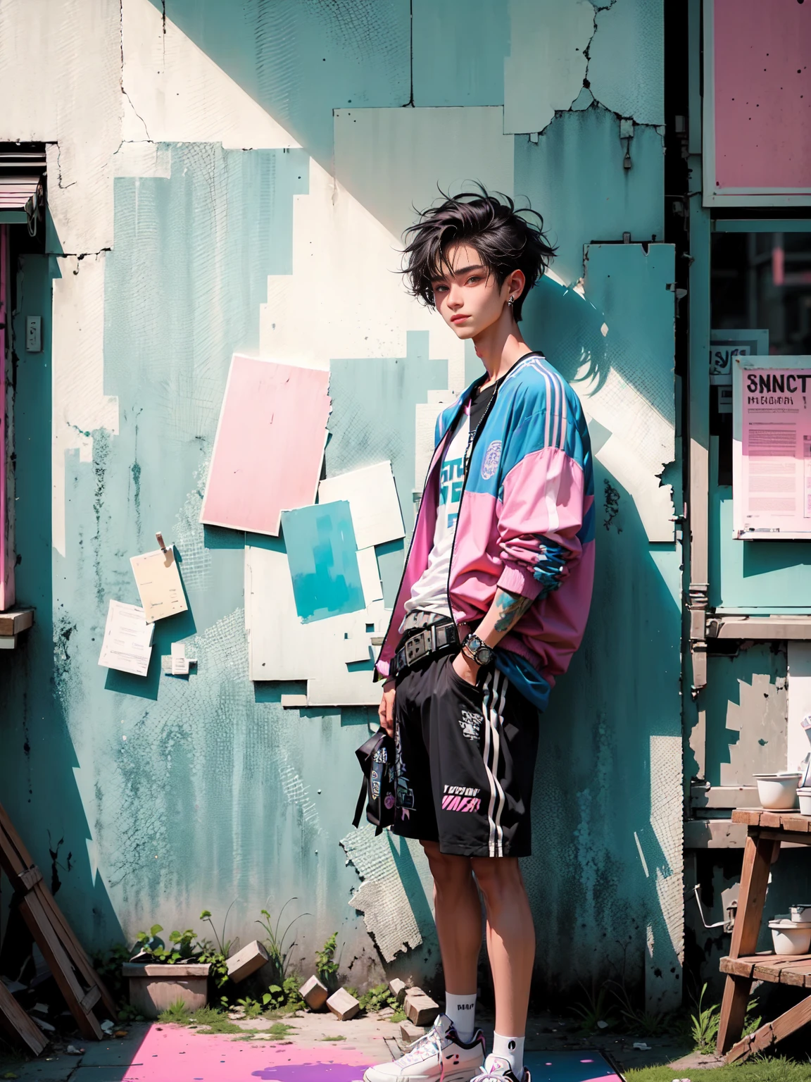 long shot, full body, young age man kpop boy with faded cut dark brown hair and white earring in right ear, open jacket with dark blue shirts, cute smile, torn black shorts and a big belt with buckle, paint background , pop star, has a messy pink emo hairstyle. He has a normal Putt Putt Troll appearance overall., (pink and dark glass broken glass mirror background), colors cyan, magenta, yellow green, violet