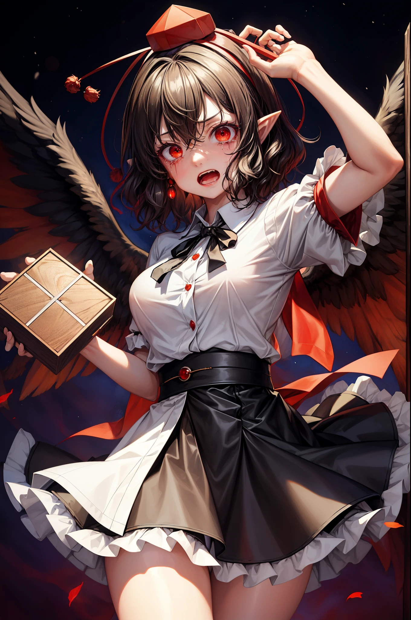 (masterpiece, top quality, best quality, beautiful and aesthetic:1.2), shameimaru_aya_touhou, short_hair, hat, black_hair, tokin_hat, red_eyes, bangs, red_headwear, wings, black_wings, ribbon, hair_between_eyes, pointy_ears, breasts,  japanese architecture, surprised, :o, beam, laser, glaring body, open box, box, open mouth, jaw drop, wide-eyed, panicking, horrified, screaming, sobbing, traumatized, turn pale, wavy mouth, glowing, glow, outer glow