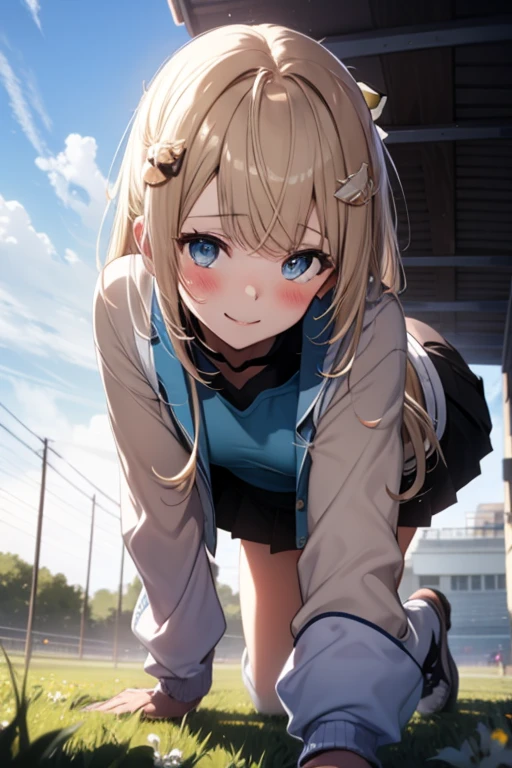 masterpiece, highest quality, blush, smile, Open your mouth, Get on all fours, 1 girl, alone, from side, from below,field