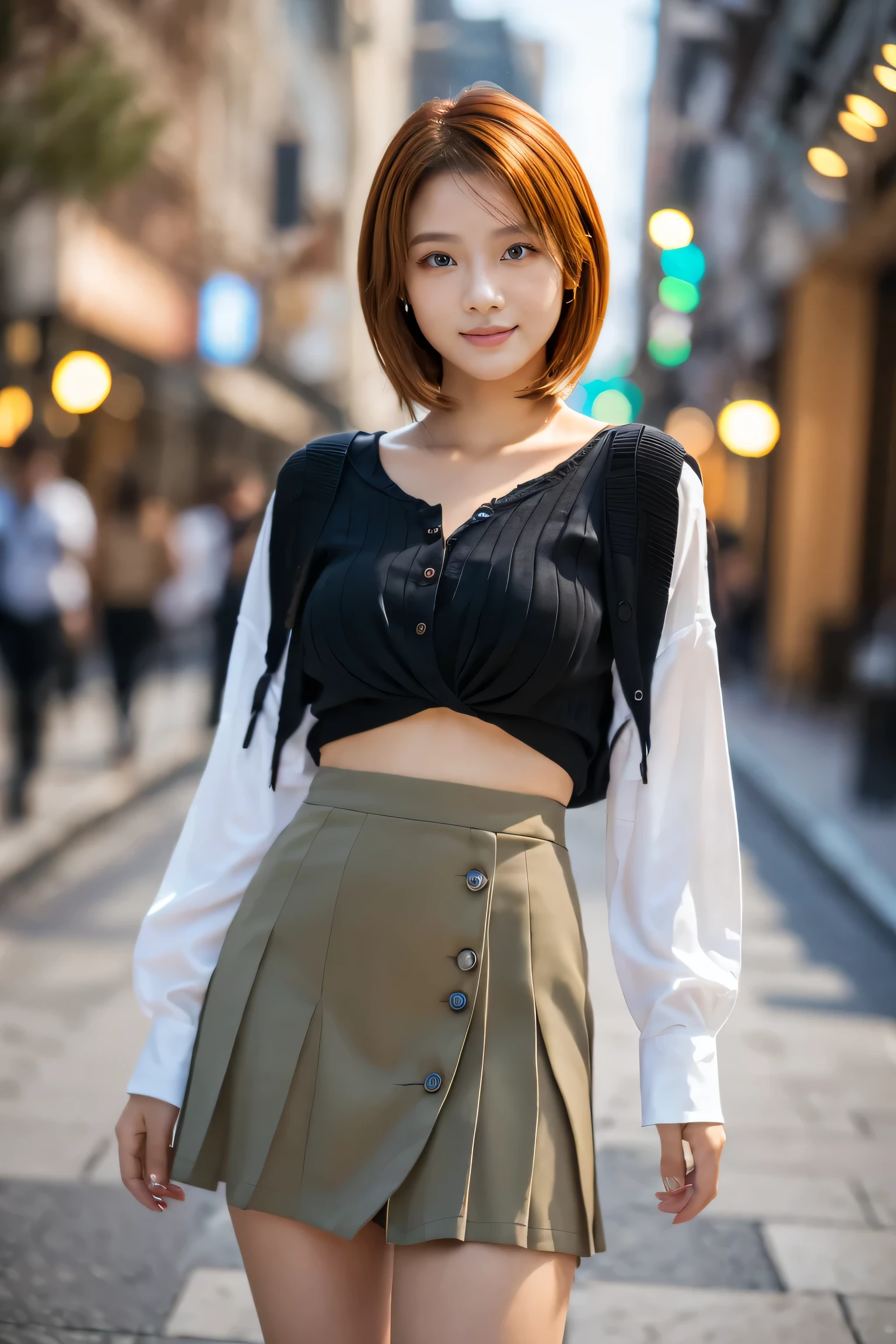 (18-year-old female), (The best quality at its best:1.4), (Super detailed), (Very detailed CG unified 16k), Beautiful woman with perfect figure: 1.4, Sharp focus: 1.2, Very detailed, High-quality RAW color photos, Professional photography, Great face and eyes, Beautiful eyelashes、cosmetics, (Amazingly beautiful girl), ((blouse, Pleated mini skirt)), Are standing, Sexy posture,(Stylish cityscape, dawn:1.3), (View from below), Realistic movie faces, Wide zoomed out view of head to foot length, Full body long view, Realistic, ((Realistic natural orange red hairstyle, Realistic blue eyes, Short Bob Hair)), nice, Very beautiful face, Perfect model beauty, Mouth swelling, Highly detailed face and skin texture, Fine grain, double eyelid, Medium chest, smile, Crack, west, (masterpiece), highest quality, High resolution, Very detailed, Blurred Background, Depth of written boundary, Cinema Lighting, Great legs, High heels, Clear, well-maintained skin, (((Women make up the majority of the photo)))
