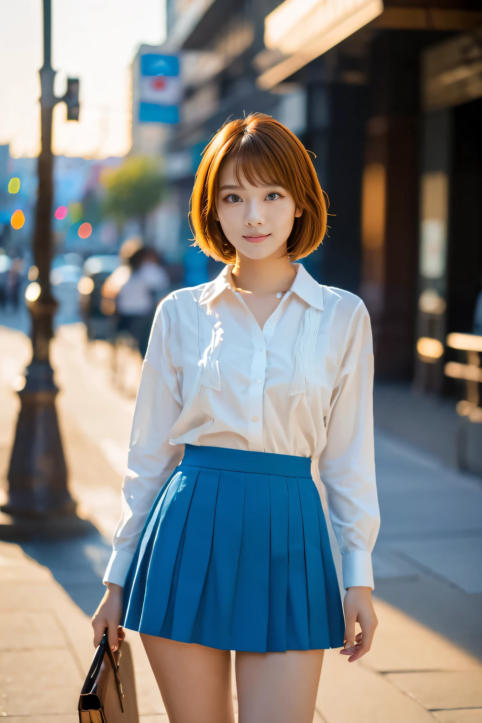 (18-year-old female), (The best quality at its best:1.4), (Super detailed), (Very detailed CG unified 16k), Beautiful woman with perfect figure: 1.4, Sharp focus: 1.2, Very detailed, High-quality RAW color photos, Professional photography, Great face and eyes, Beautiful eyelashes、cosmetics, (Amazingly beautiful girl), ((blouse, Pleated mini skirt)), Are standing, Sexy posture,(Stylish cityscape, dawn:1.3), (View from below), Realistic movie faces, Wide zoomed out view of head to foot length, Full body long view, Realistic, ((Realistic natural orange red hairstyle, Realistic blue eyes, Short Bob Hair)), nice, Very beautiful face, Perfect model beauty, Mouth swelling, Highly detailed face and skin texture, Fine grain, double eyelid, Medium chest, smile, Crack, west, (masterpiece), highest quality, High resolution, Very detailed, Blurred Background, Depth of written boundary, Cinema Lighting, Great legs, High heels, Clear, well-maintained skin, (((Women make up the majority of the photo)))