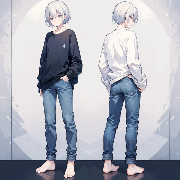 Wearing a sweater and jeans、Anime boy standing with hands in pockets,Back view, three sided view, from side, no background, flat chest,Full body illustration, Shortcuts, Full body portrait, anime Full body illustration, Casual pose, Full body photo, Casual clothing