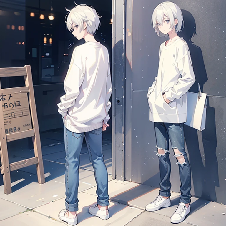 Wearing a sweater and jeans、Anime boy standing with hands in pockets,Back view, three sided view, from side, no background,  flat chest,Full body illustration, Shortcuts, Full body portrait, anime Full body illustration, Casual pose, Full body photo, Casual clothing